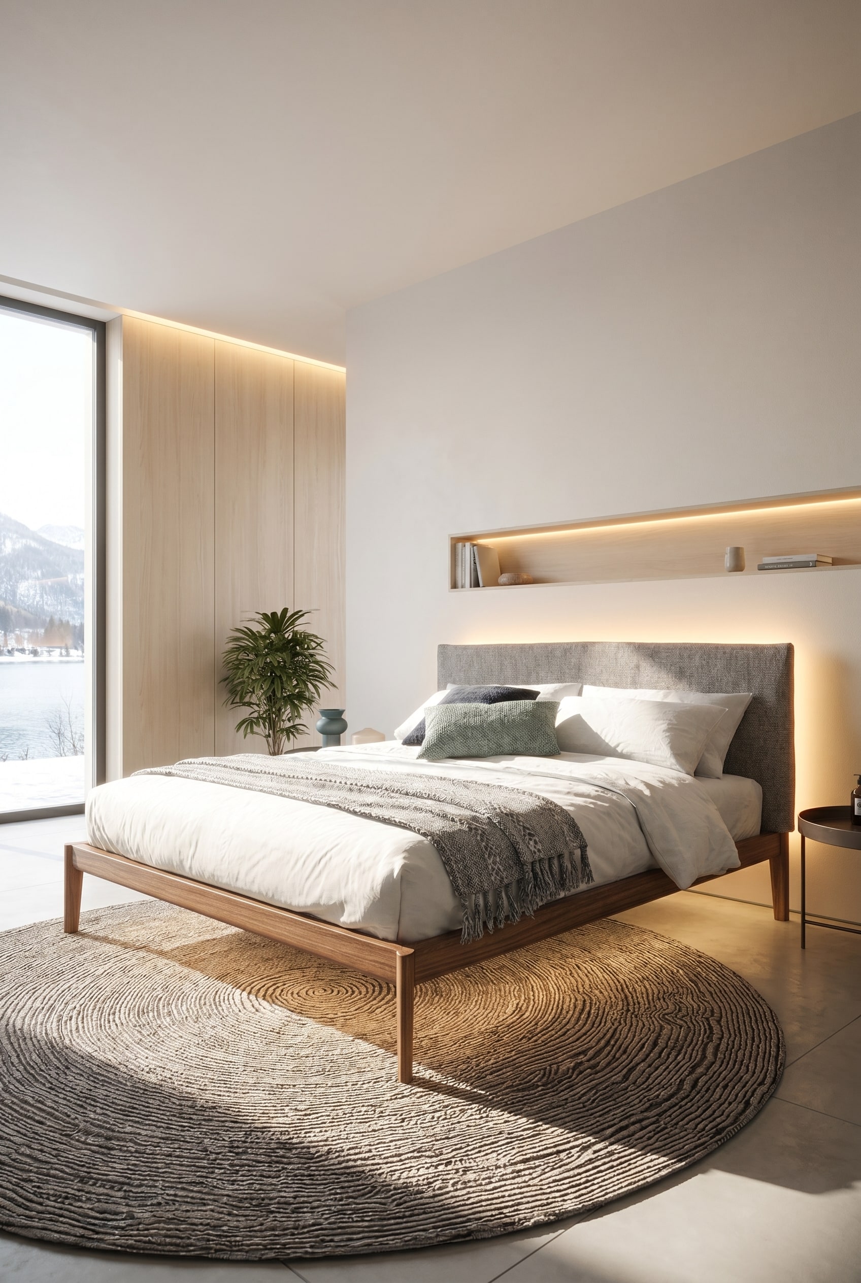 Chambre scandinave lumineuse avec le lit Neos en bois naturel et un cadre en bois éclairé par une lumière chaude