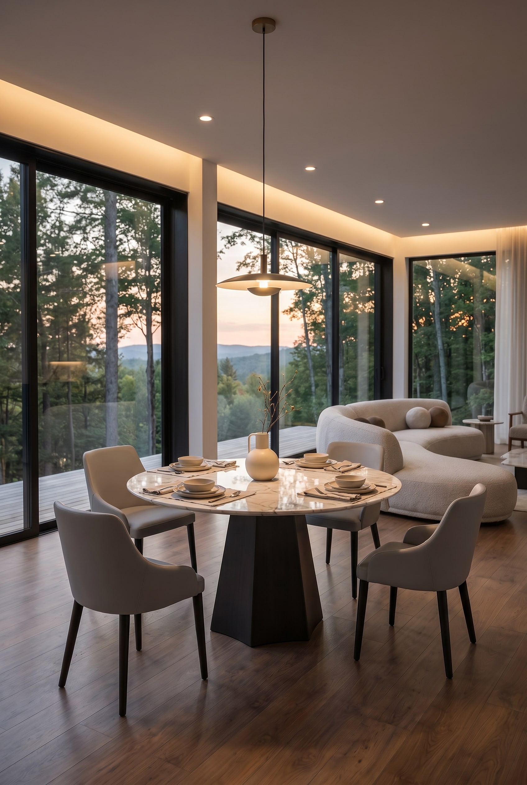 Salle &agrave; manger moderne avec table &agrave; manger en c&eacute;ramique facett&eacute;e Poliedro, quatre chaises modernes et un style de table discret &agrave; la lumi&egrave;re du jour