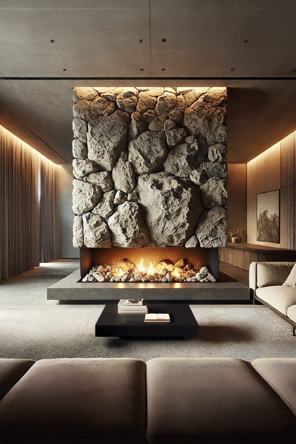 elegantes-wohnzimmer-mit-zentralem-e-kamin-unter-einer-steinwand-und-modernen-sitz-tisch-und-stauraummoebeln