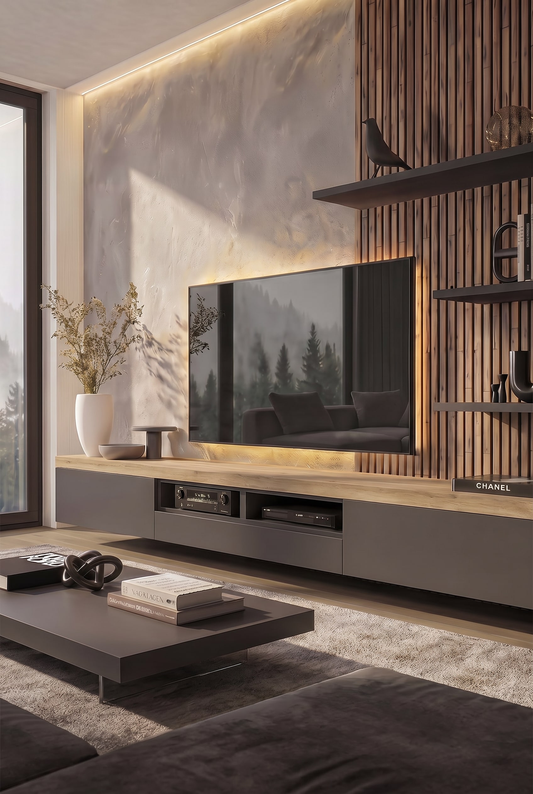 Un meuble TV bas XXL minimaliste avec des fa&ccedil;ades anthracite et un plateau continu de trois m&egrave;tres et demi en placage de noyer fonc&eacute;.