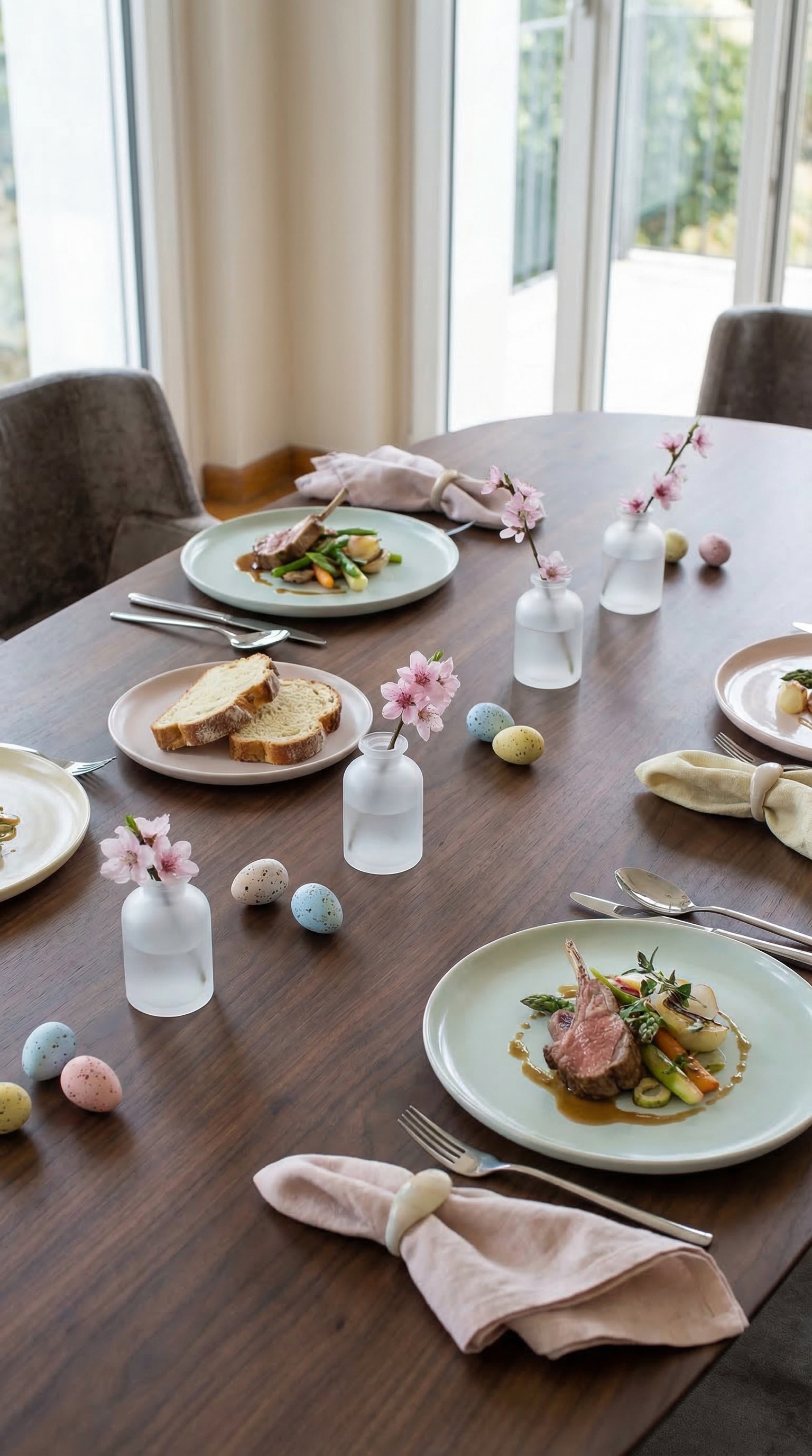 Gros plan d'une table en bois noble avec une décoration de Pâques minimaliste aux couleurs pastel. Gros plan d'une table en bois noble avec une décoration de Pâques minimaliste aux couleurs pastel.