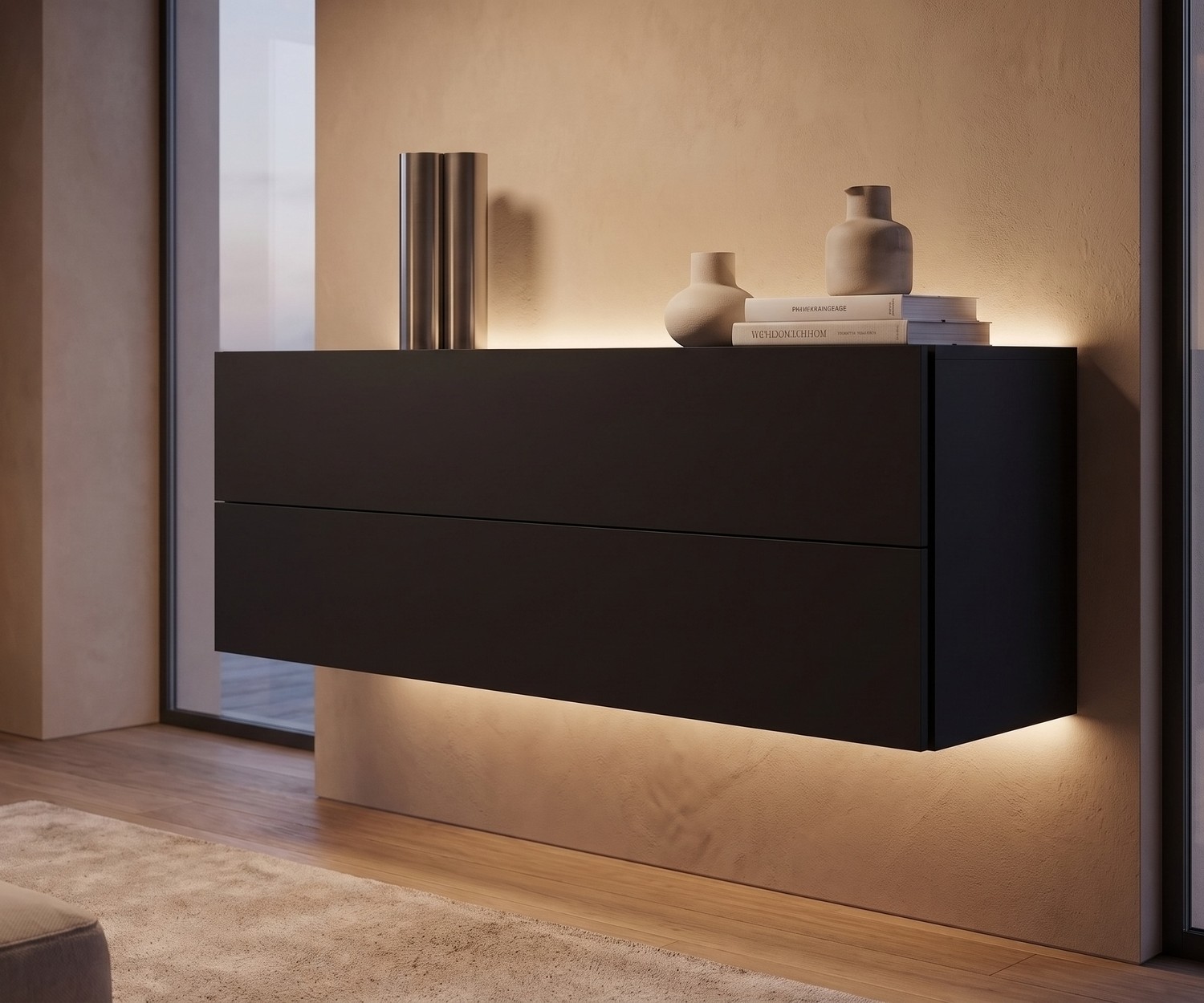 Hängekommode Easy von Novamobili in Schwarz im minimalistischen Wohnzimmer, moderne schwebende Kommode mit LED-Beleuchtung.