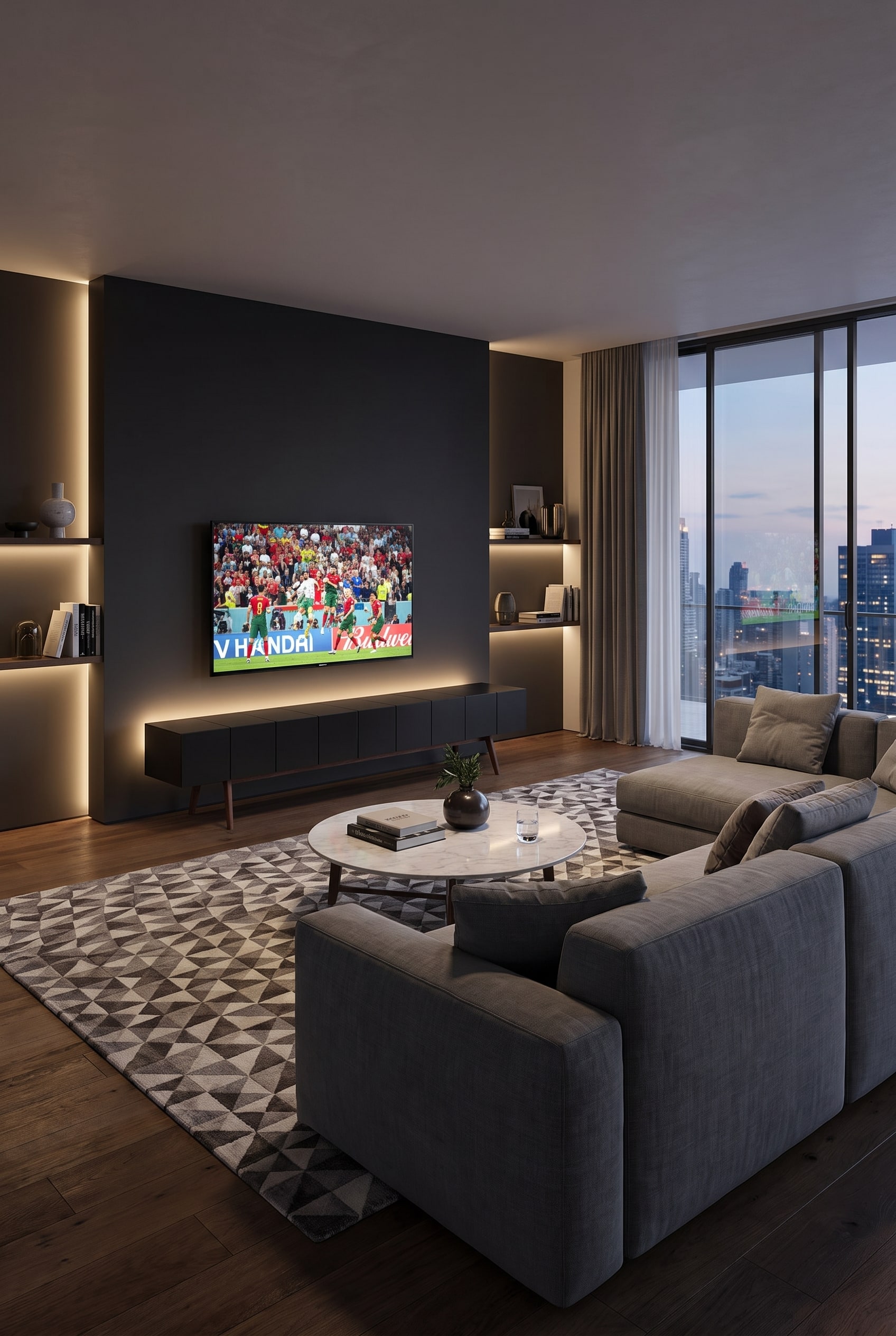 Minimalistisches Wohnzimmer mit langgestrecktem al2 Lowboard MOS-I-KO 005 B, versteckter Technik, Fernseher und sanfter LED-Hintergrundbeleuchtung