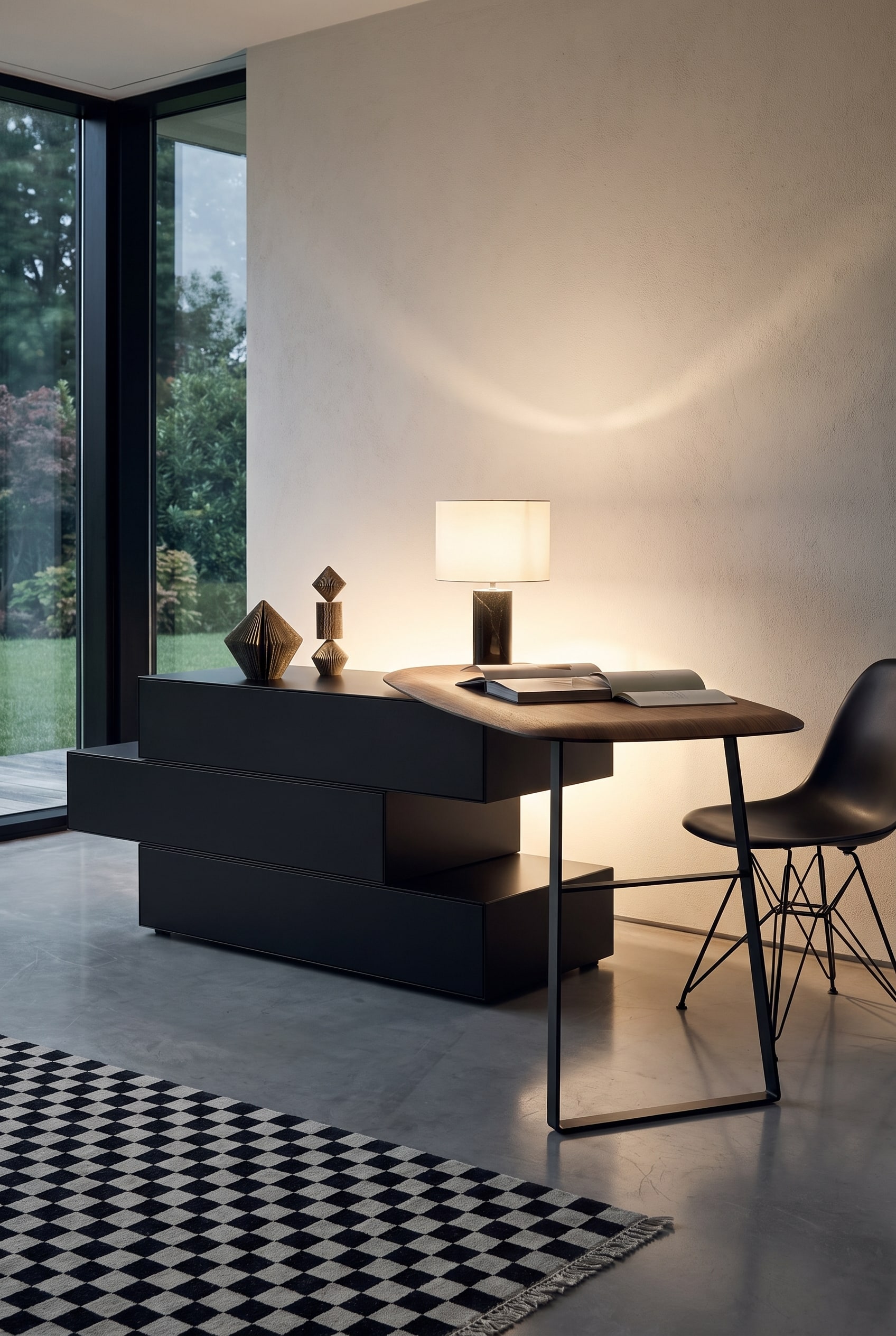 Commode noir mat avec bureau intégré dans un bureau à domicile rangé devant un mur clair