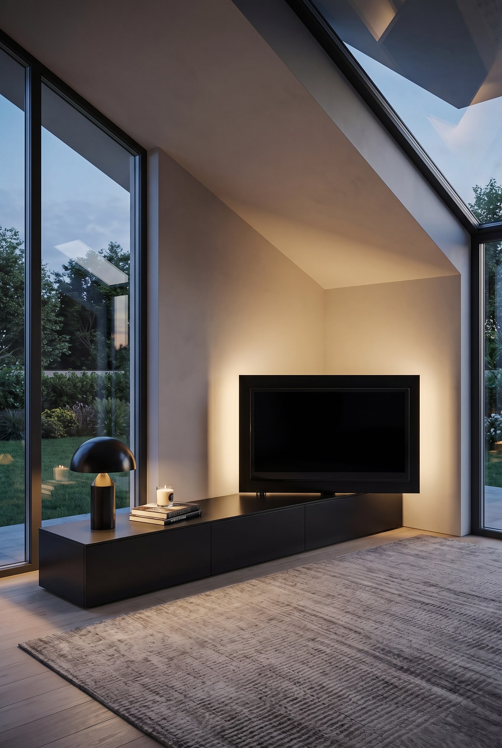 Salon sous les combles avec un meuble bas TV noir au ras du sol et un &eacute;cran plat orient&eacute;