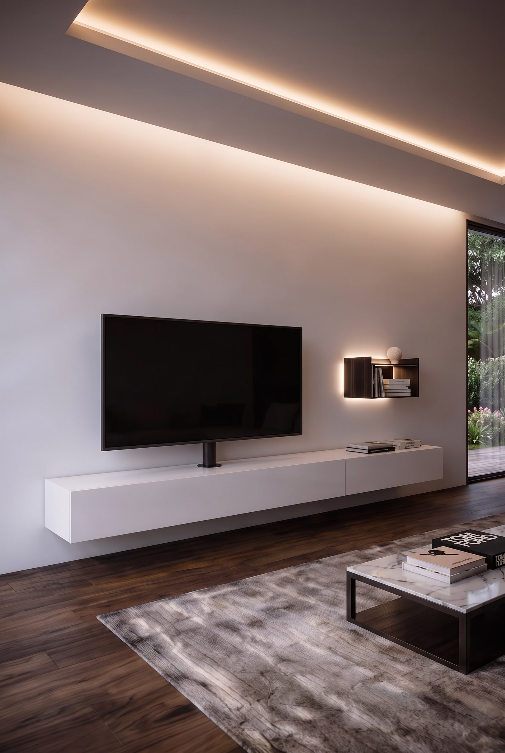 Modernes Wohnzimmer mit schwebendem Fernseher an einer Halterung über einem Lowboard und einem flachen Bildband in der Mitte
