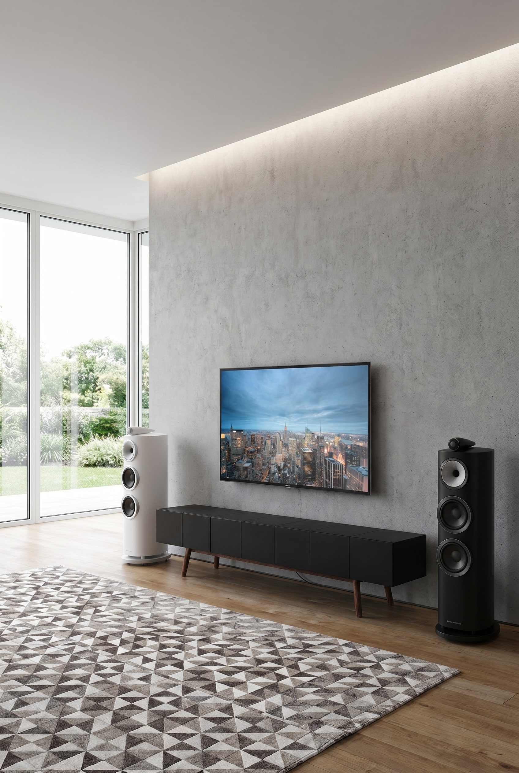 Salon minimaliste avec lowboard noir mat sur pieds en bois et une enceinte colonne autoportante avec distance au mur