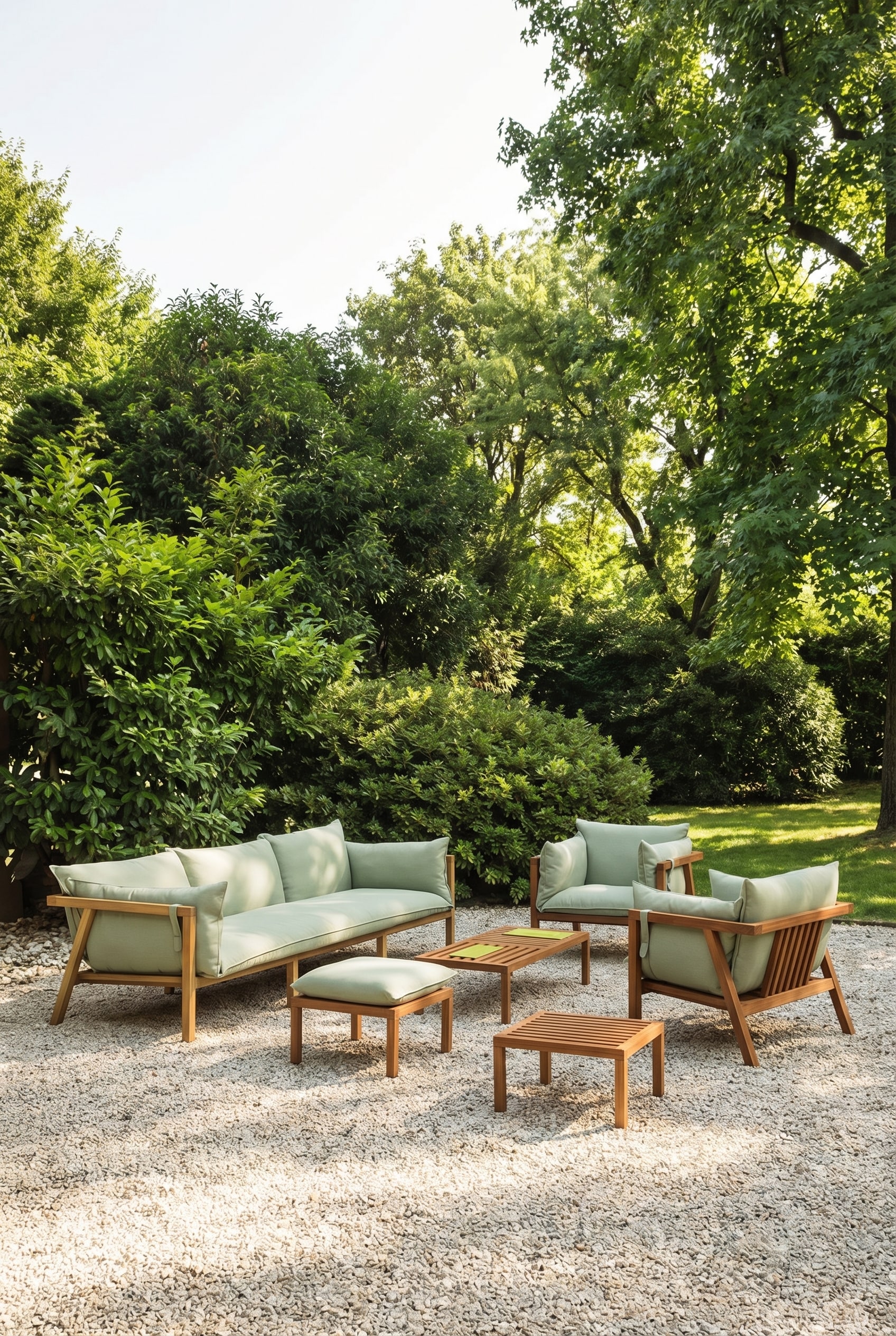 Moderne Outdoor Lounge aus Holz mit dicken, schnelltrocknenden Polstern auf einer sonnigen Terrasse