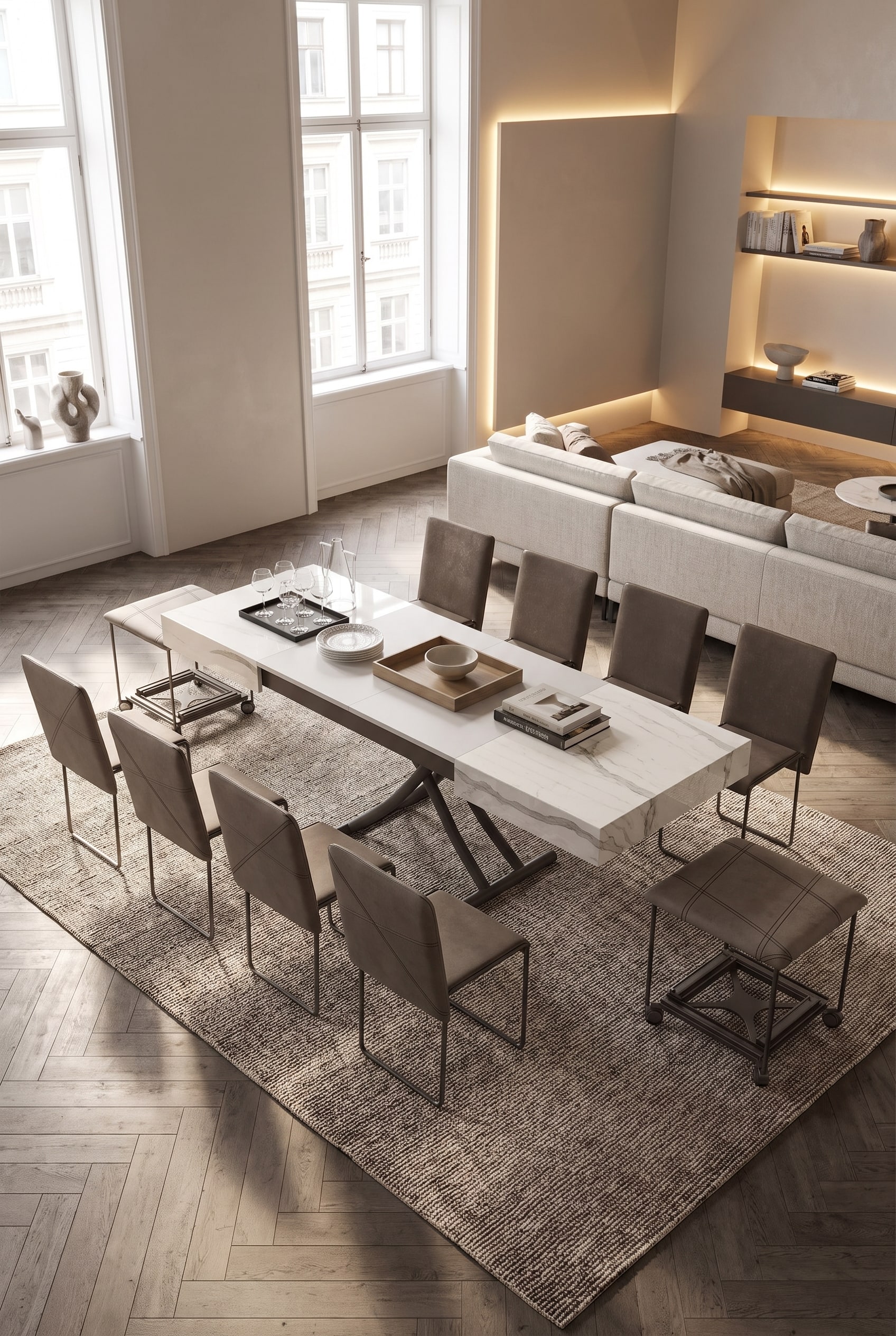 Salon élégant avec table basse en bois réglable en hauteur, plateau en bois plat, canapé en tissu moderne et tapis texturé
