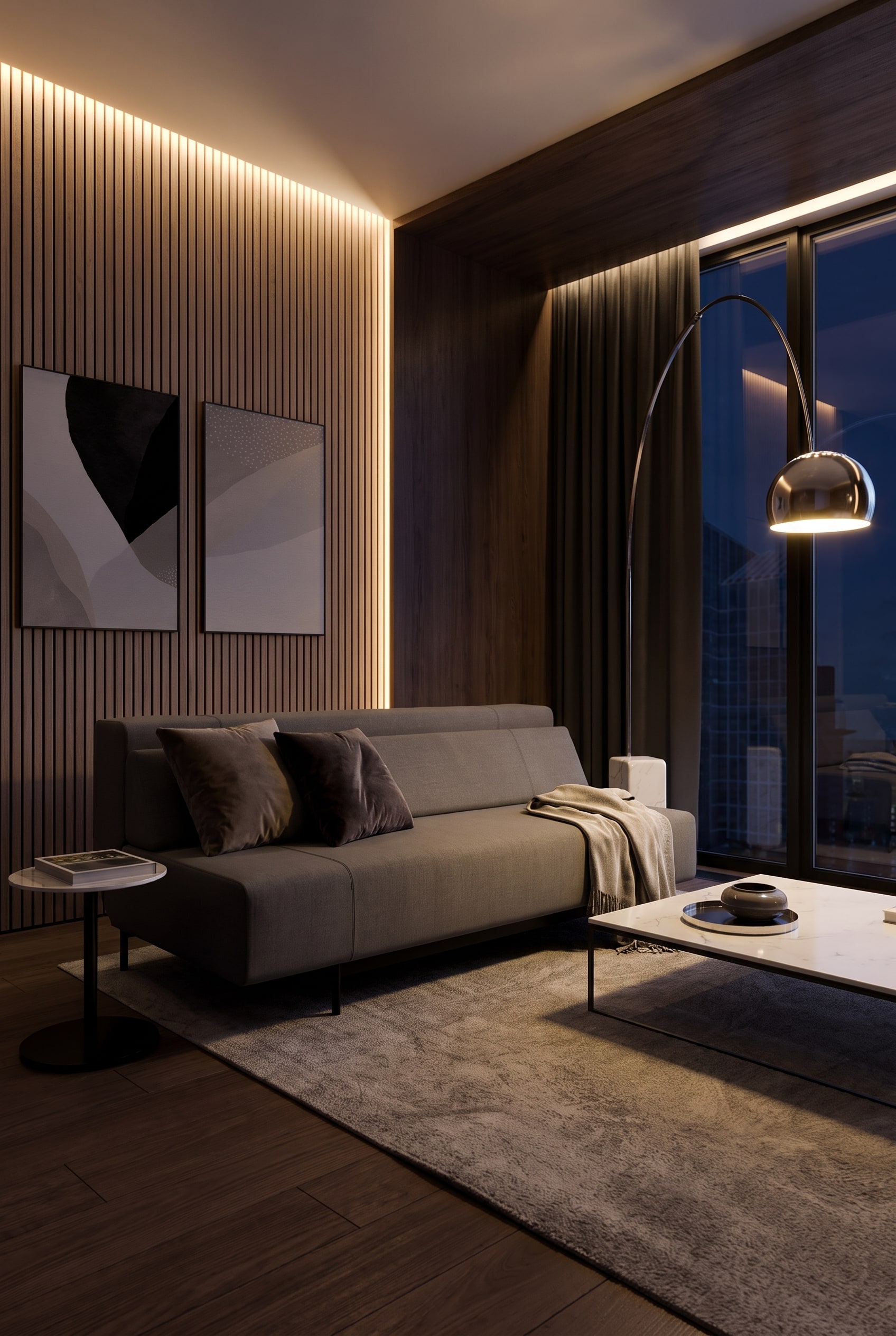 Elegantes Wohnzimmer mit einem modernen, ausgeklappten Schlafsofa in dezentem Grau, bereit f&uuml;r &Uuml;bernachtungsg&auml;ste