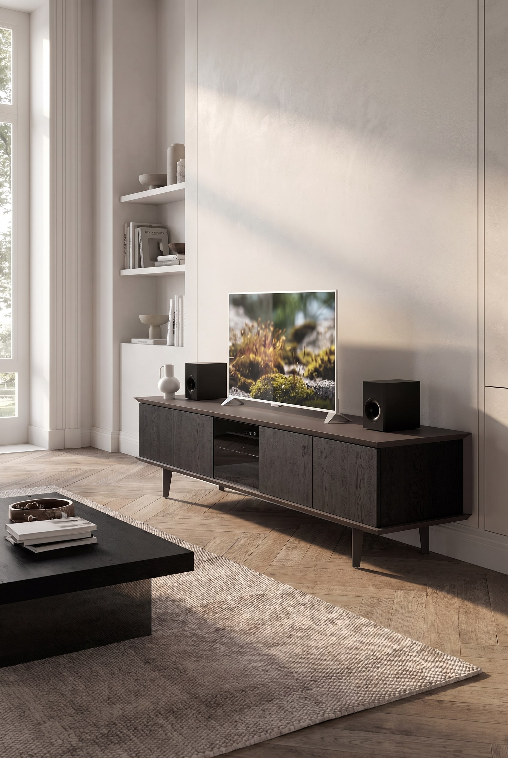 Detailaufnahme eines Media-Lowboards mit speziellen Stofffronten, hinter denen Soundbar und Receiver unsichtbar verstaut sind