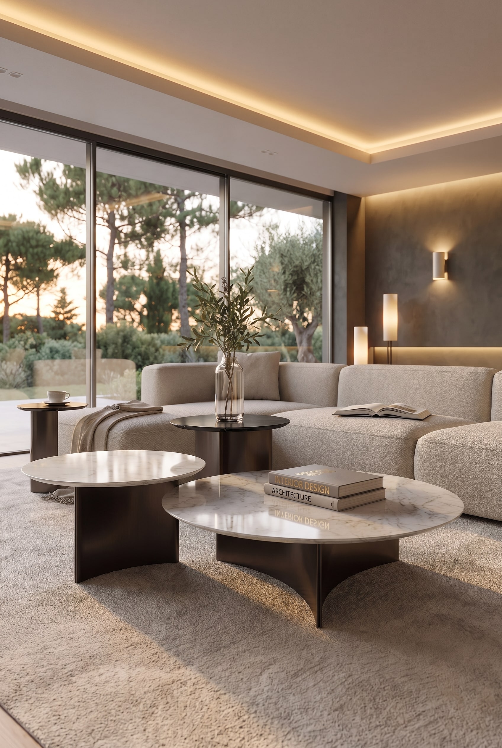 Salon moderne avec une table basse de forme organique comme point focal central