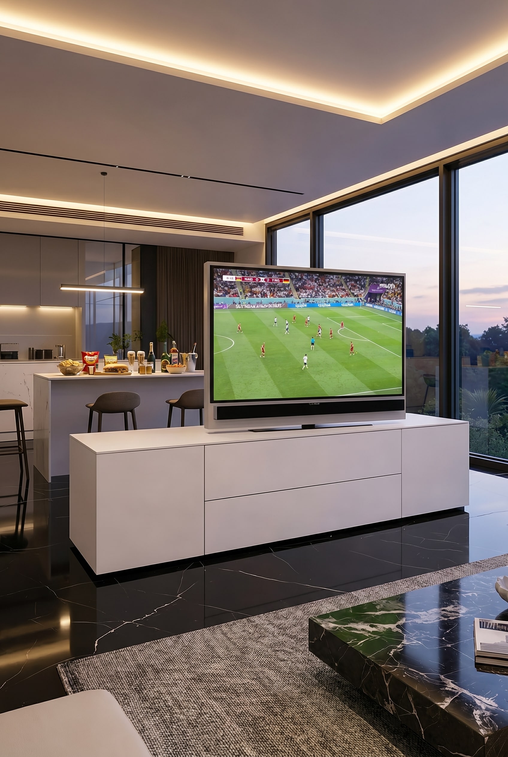 Freistehender Raumteiler mit einem schwenkbaren TV-Paneel, auf dem ein Fernseher montiert ist, im Hintergrund eine offene Küche mit Barhockern