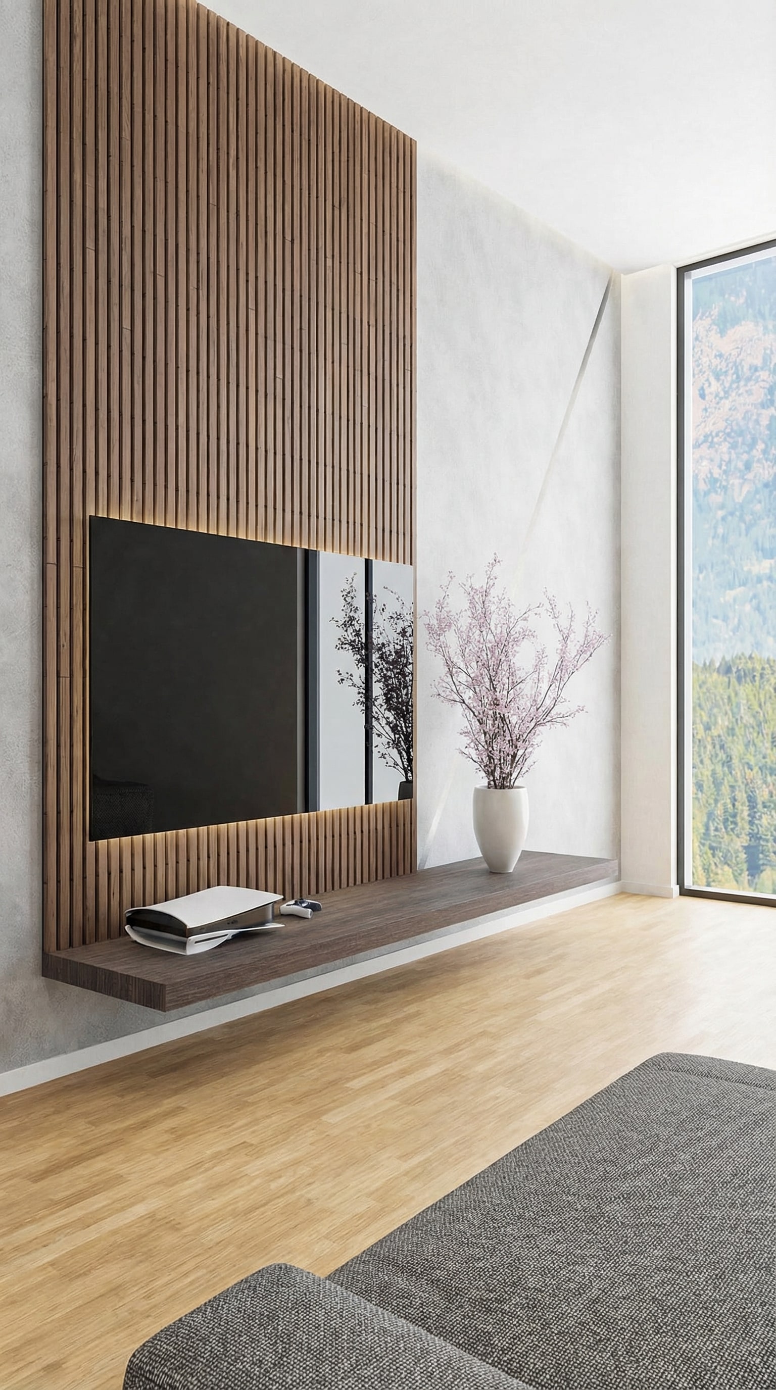 Meuble mural minimaliste sous une t&eacute;l&eacute;vision sans c&acirc;bles visibles