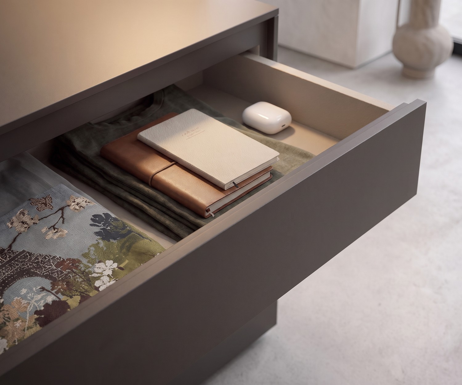 Commode design Easy de Novamobili à 3 tiroirs blanche, meuble de rangement minimaliste pour chambre avec miroir.