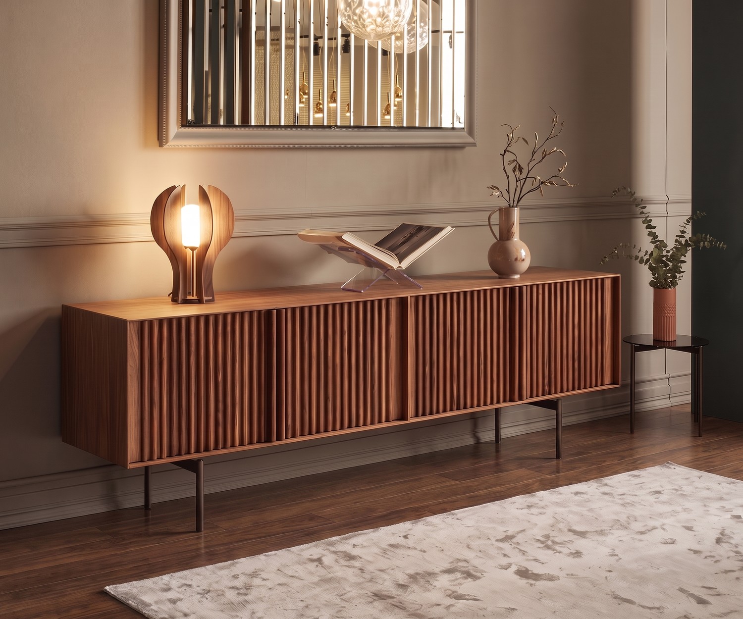 Buffet design al2 ka-bera 003 A en noyer avec portes à lattes pour salon chic, ambiance chaleureuse et style moderne