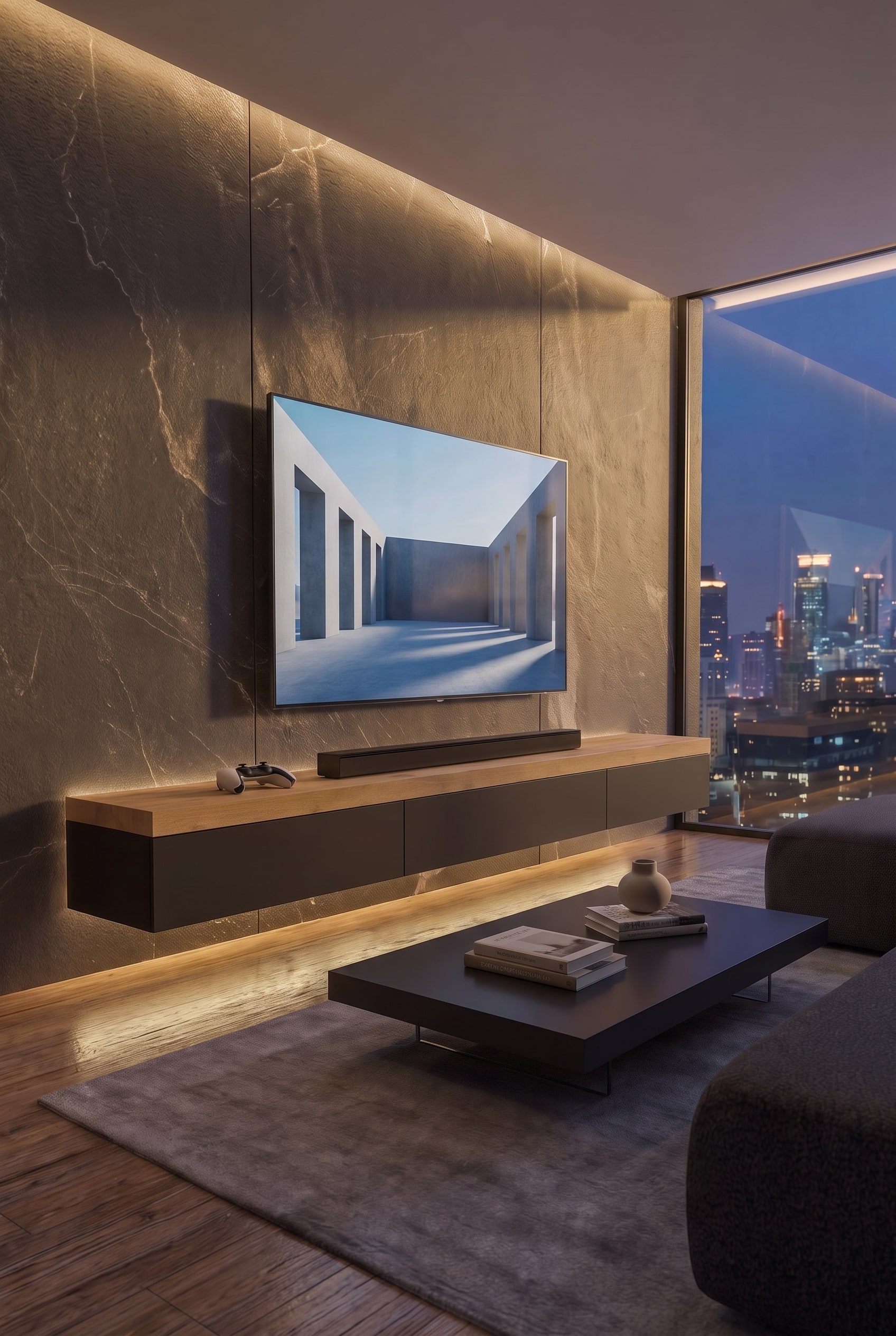 Ein schwebendes, mattschwarzes Lowboard unter einem 65-Zoll-Fernseher an der Wand, mit einer Schattenfuge auf der R&uuml;ckseite zur dezenten Bel&uuml;ftung.