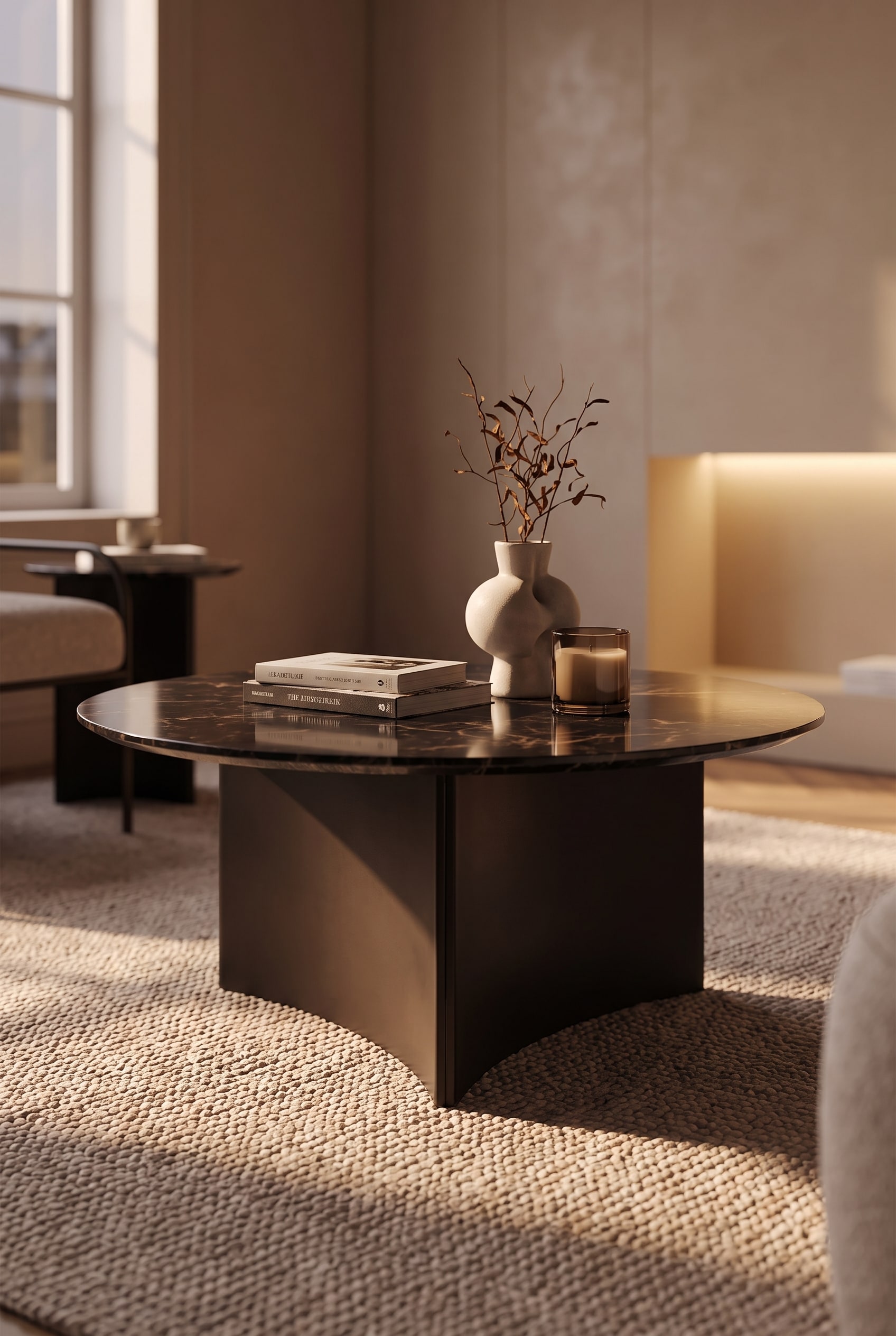 Vue détaillée de la table basse Livitalia Fiocco avec piètement métallique en forme de pétale