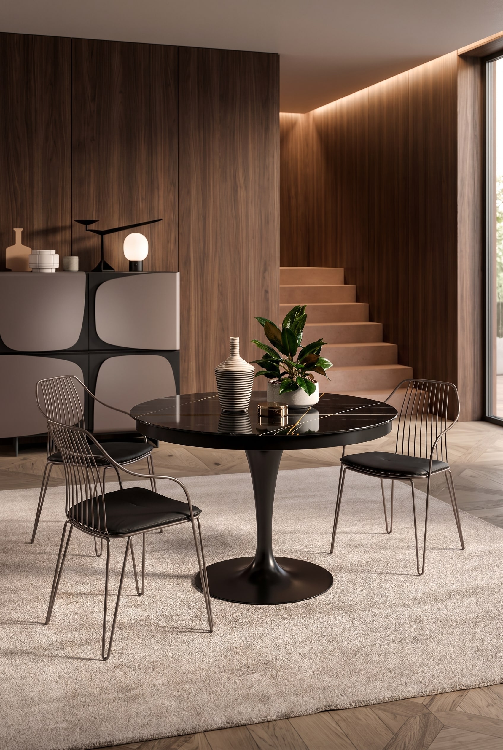 Wohnliches Esszimmer mit einem runden Esstisch in schwarzer Marmor-Optik, zentralem Tulpenfu&szlig; und feinen Metallst&uuml;hlen