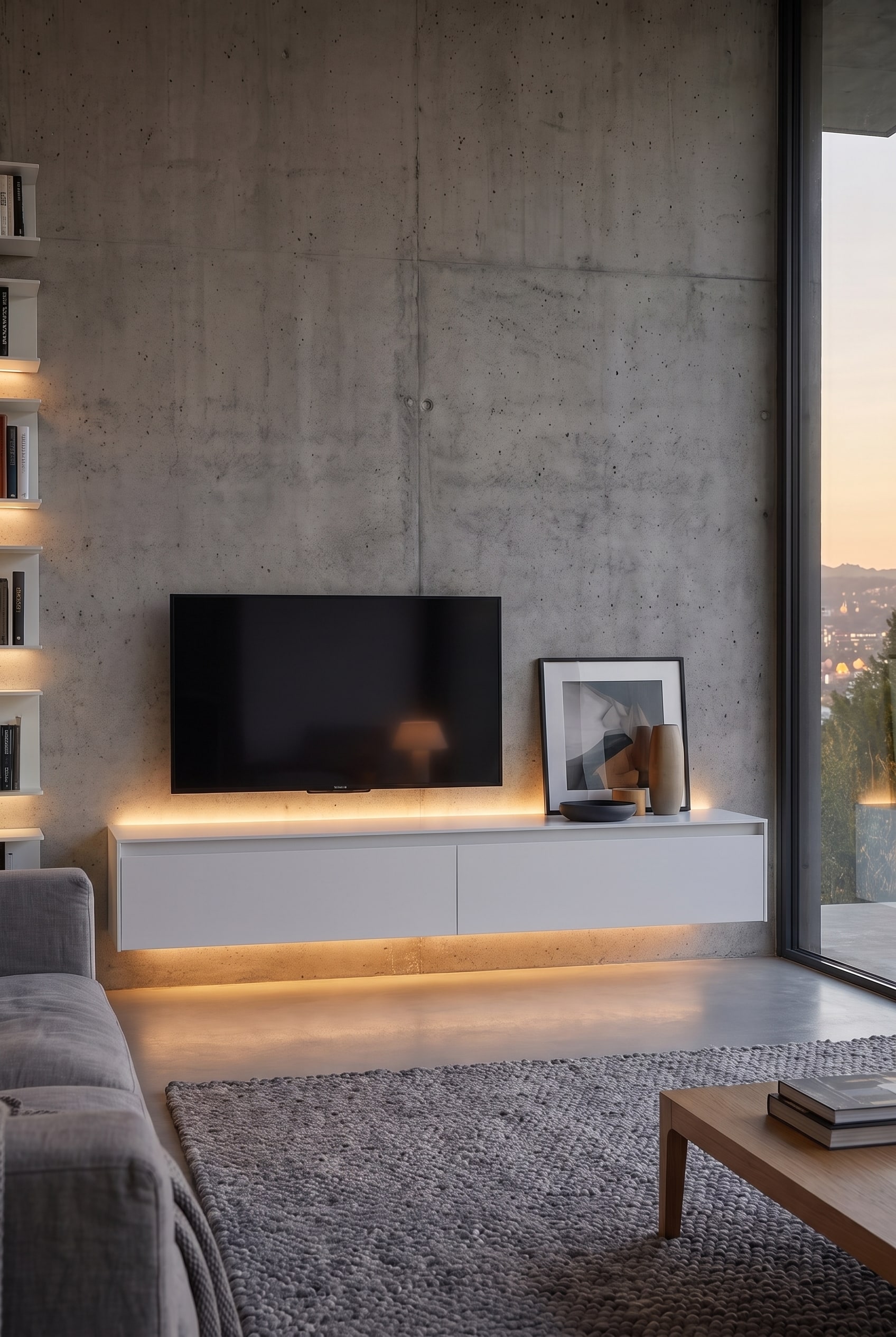 Frontales Detailbild des weißen TV-Boards mit kabellos montiertem Fernseher und lehnendem Bilderrahmen.
