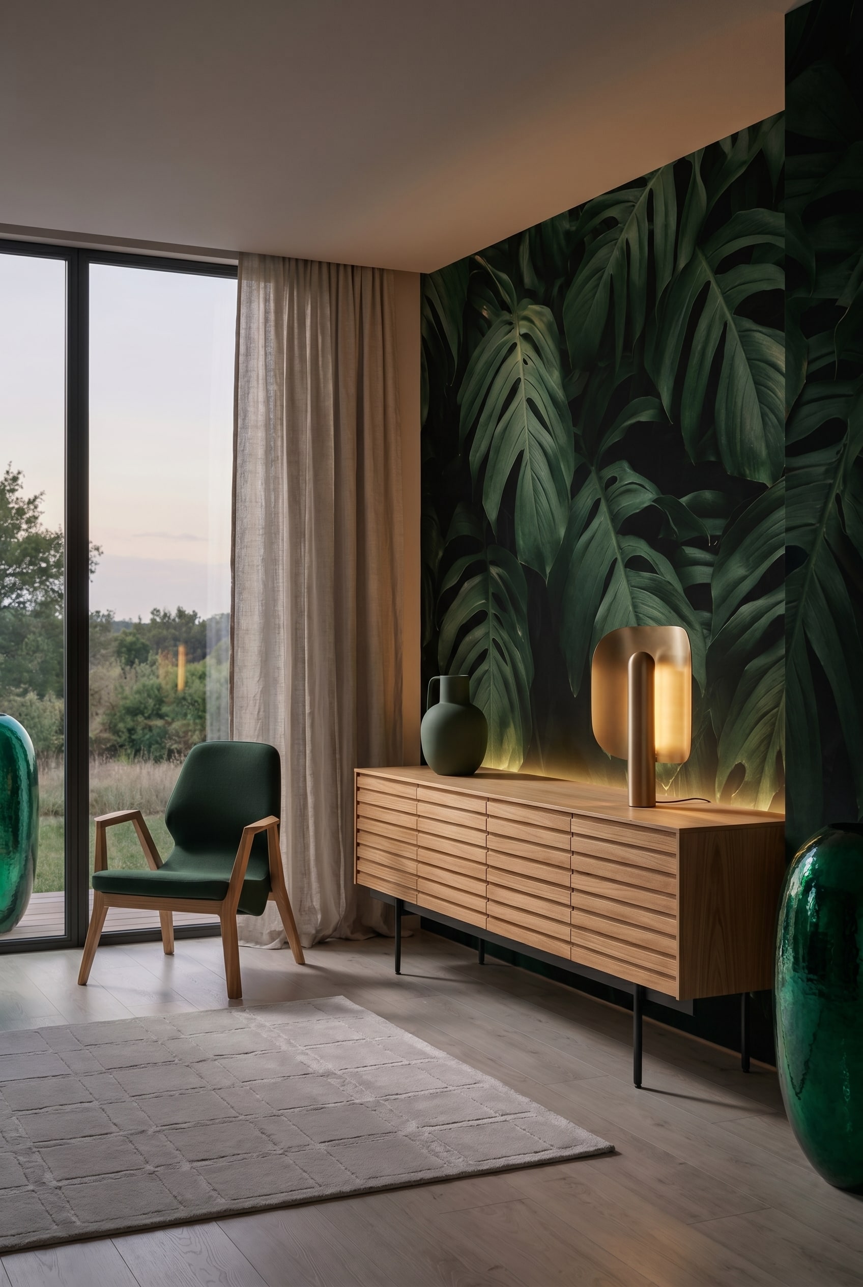Salon luxueux dans la pénombre avec un buffet en bois cannelé, un vase en céramique vert foncé mat et un éclairage indirect chaleureux
