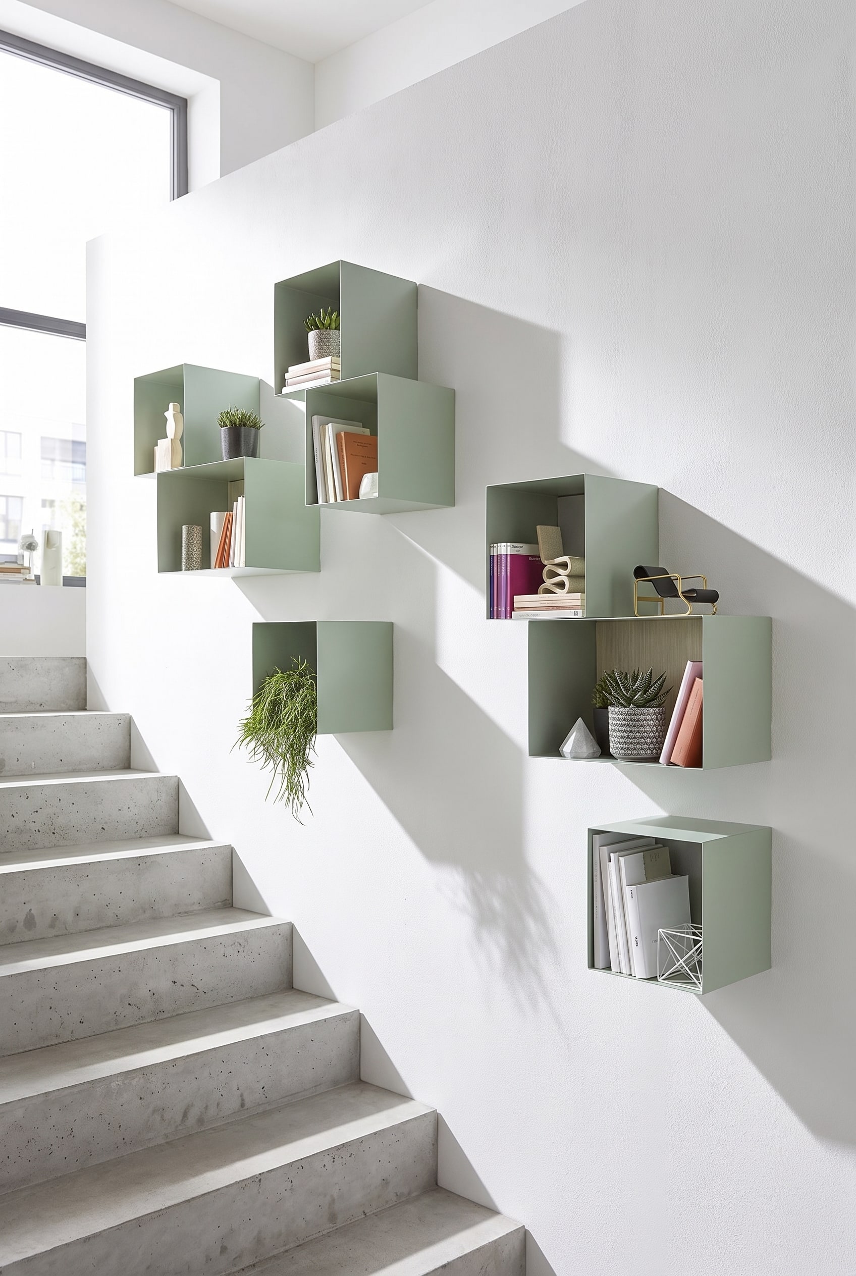 Bo&icirc;tes murales m&eacute;talliques d&eacute;cal&eacute;es sur un grand mur au-dessus de la mont&eacute;e d'escalier, d&eacute;cor&eacute;es de petits livres