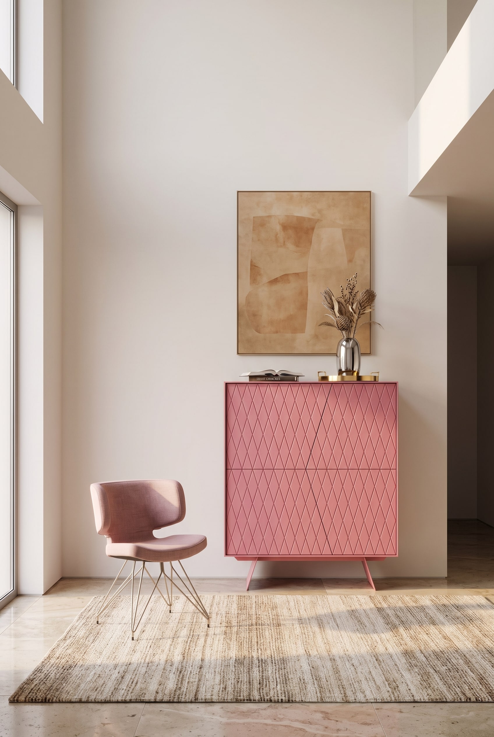 Wundersch&ouml;nes Holz-Highboard mit geriffelten Fronten, das in einem gro&szlig;en Raum f&uuml;r warme Atmosph&auml;re und bessere Akustik sorgt