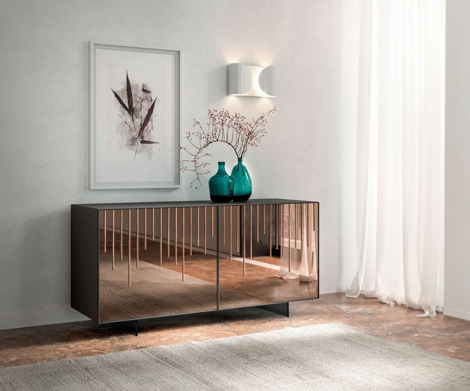 Ozzio Rain X314 Buffet design avec miroir verre front fumé