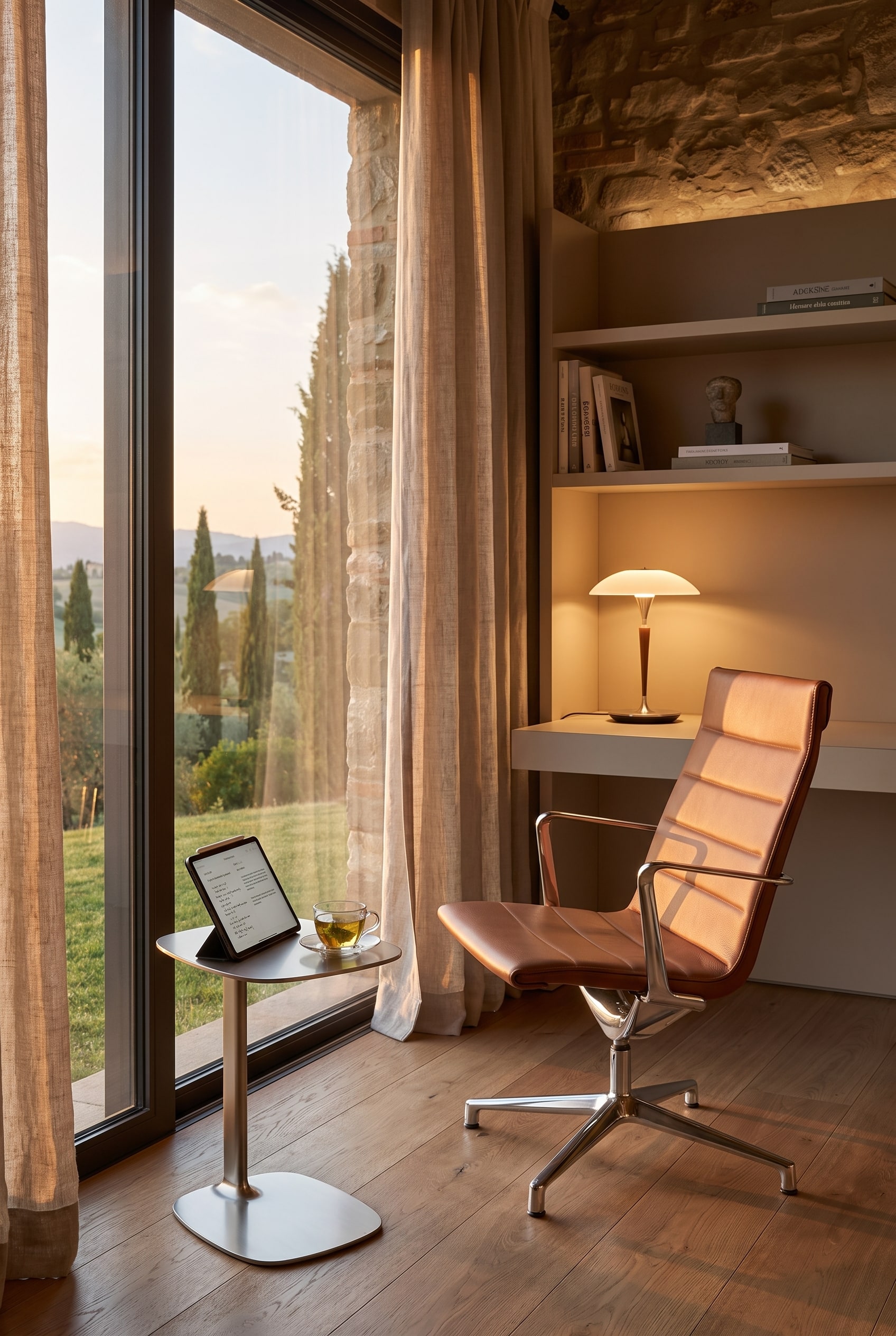 Fauteuil de bureau lounge en cuir marron avec pied en aluminium chrom&eacute;, id&eacute;al pour une posture de travail d&eacute;tendue