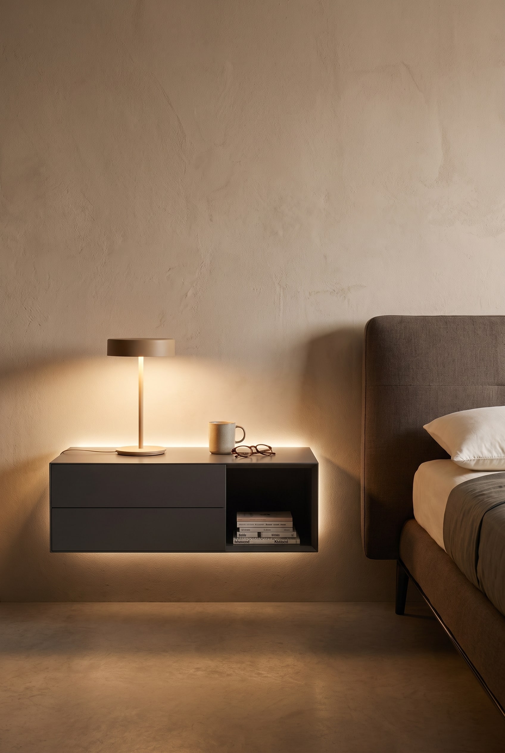 Chambre compacte avec mur éclairé indirectement et la table de chevet flottante Livitalia Ecletto Open