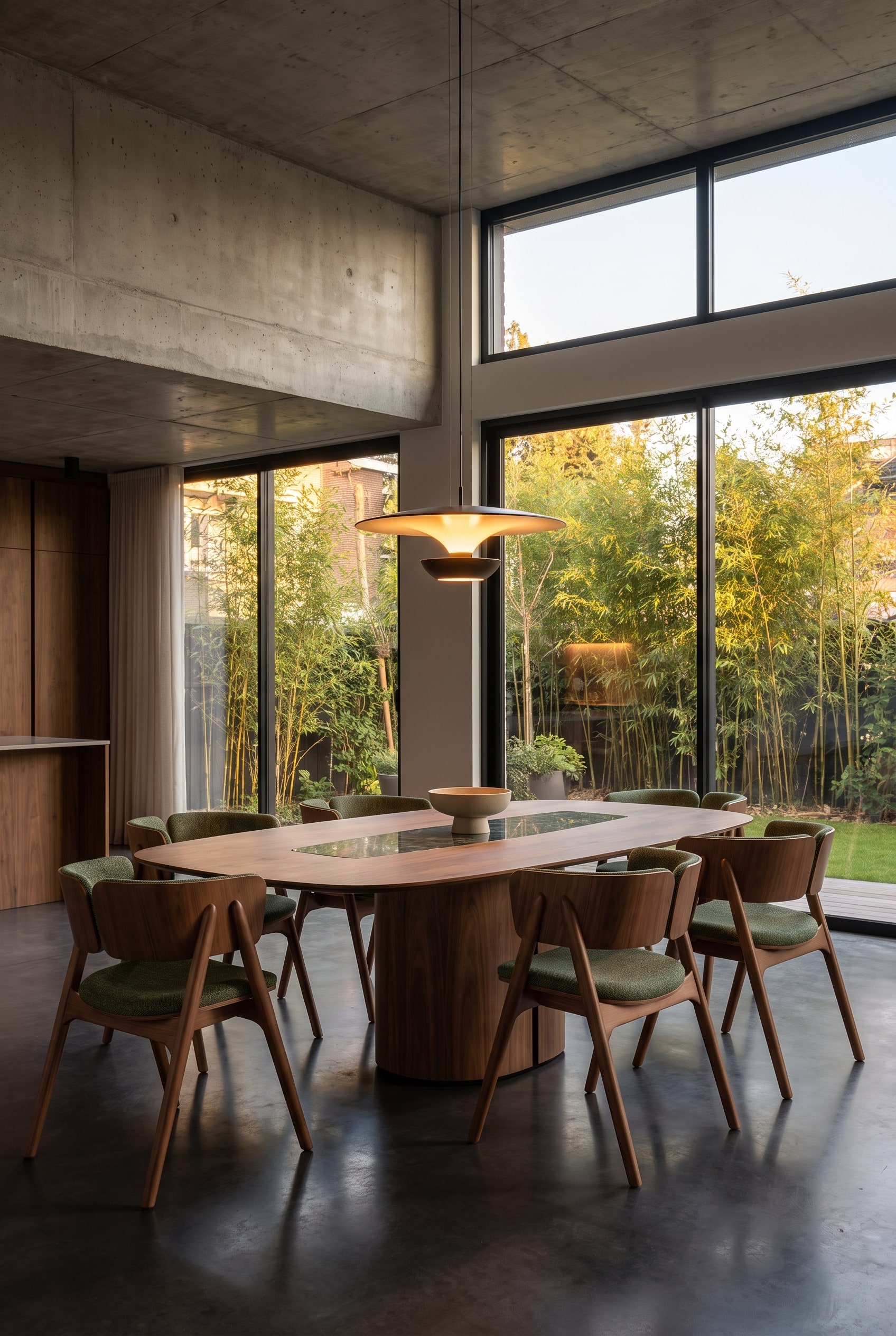 Une table à manger architecturale avec un piètement sculptural en bois dans une cuisine-salon ouverte et spacieuse, qui agit comme un séparateur d'espace.