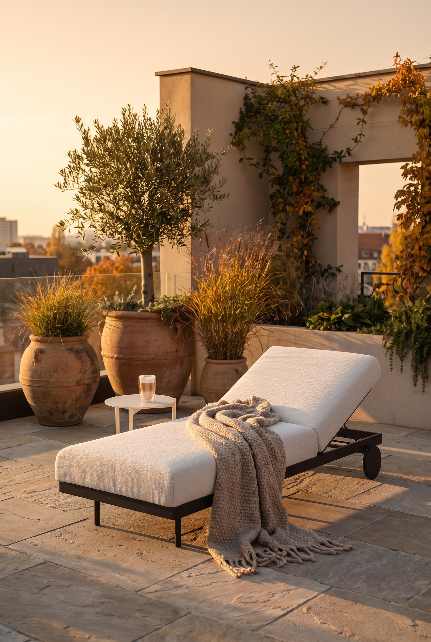 Élégante chaise longue de jardin blanche en aluminium avec roulettes intégrées sur un sol en pierre naturelle à côté de plantes