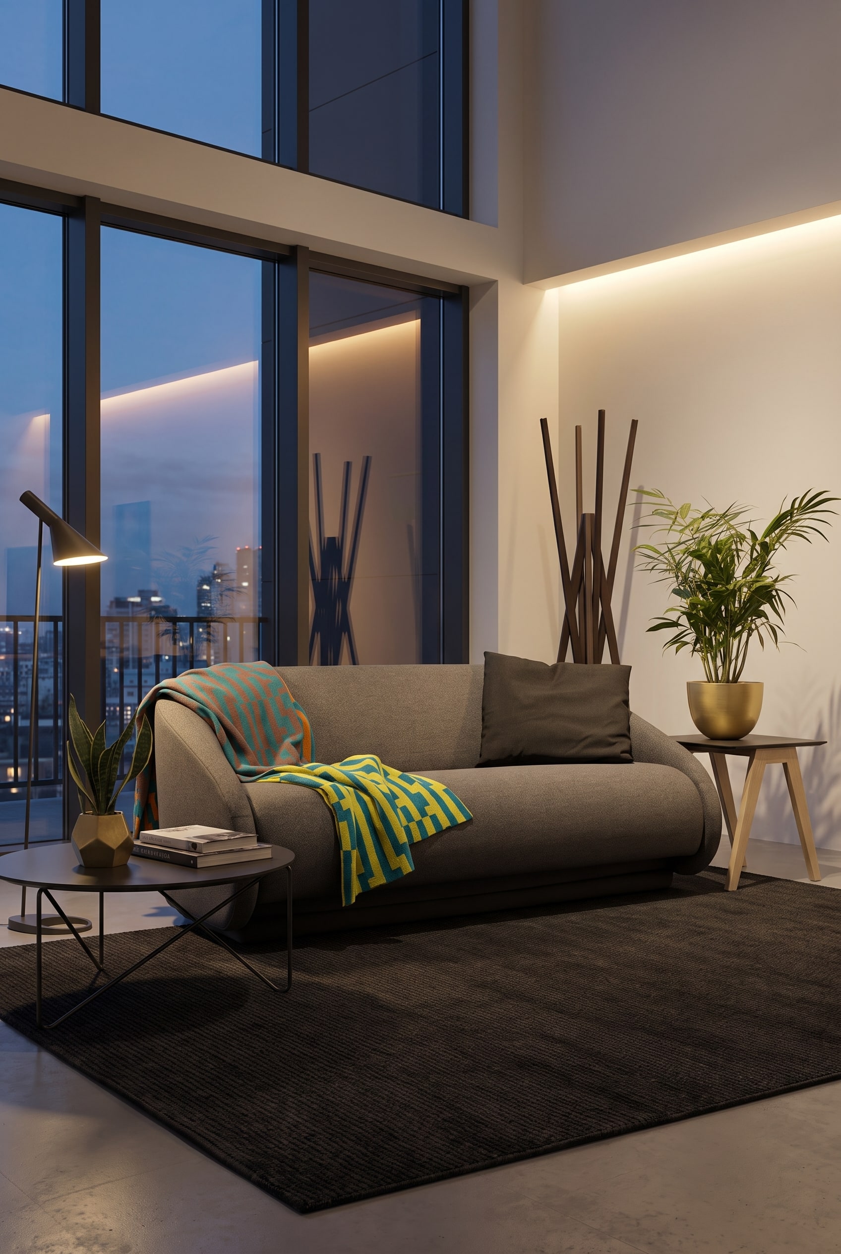 Kompaktes, modernes Schlafsofa in Grau mit runden Armlehnen, kombiniert mit gelbem Filzteppich und dekorativen Kissen