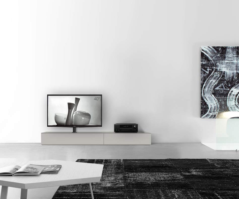 Table basse design Configurateur avec support TV sol largeur 210 25,5 45 gauche gris clair mat