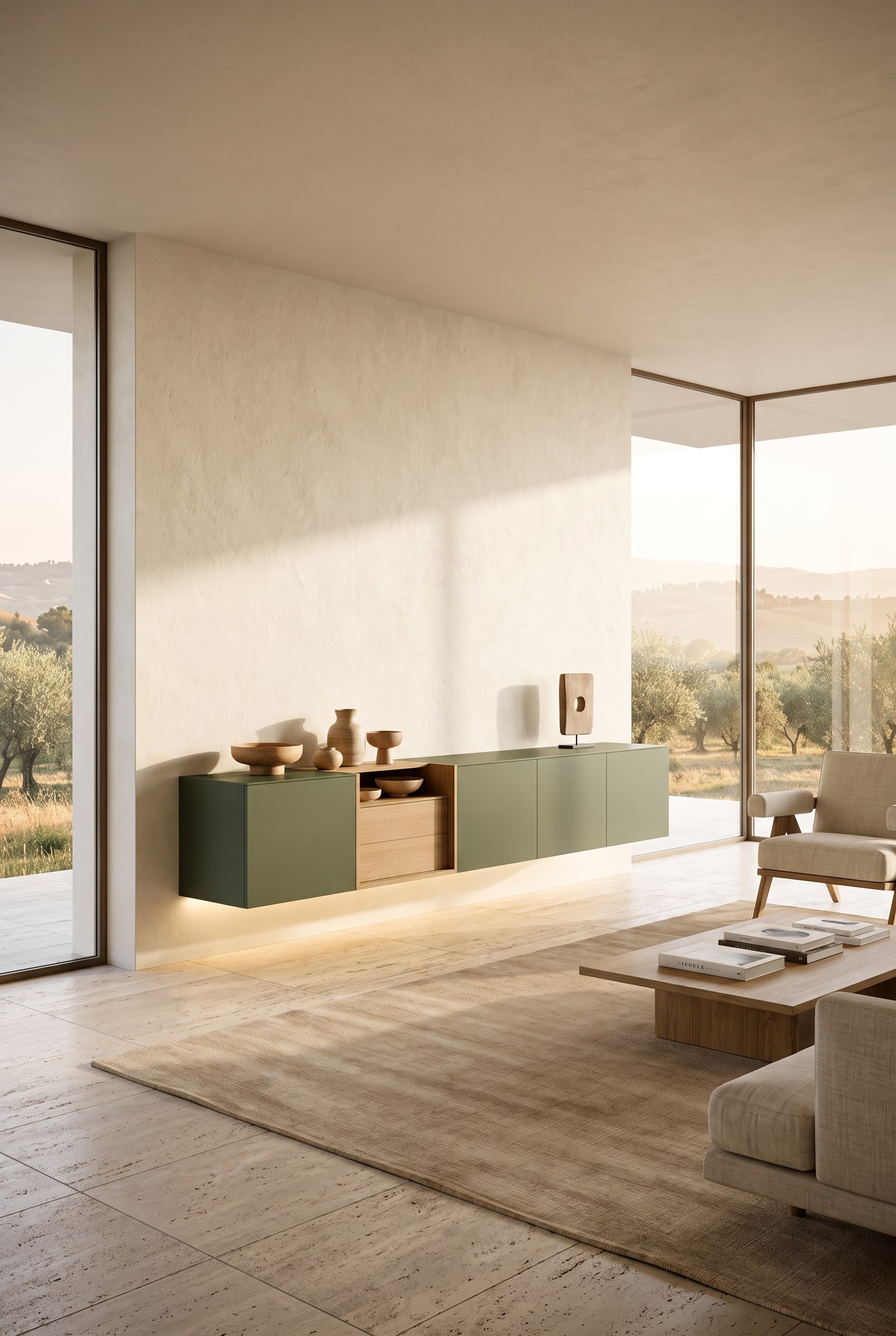 Salon moderne avec un buffet mural flottant en vert olive avec des éléments en bois et une coupe en céramique bombée