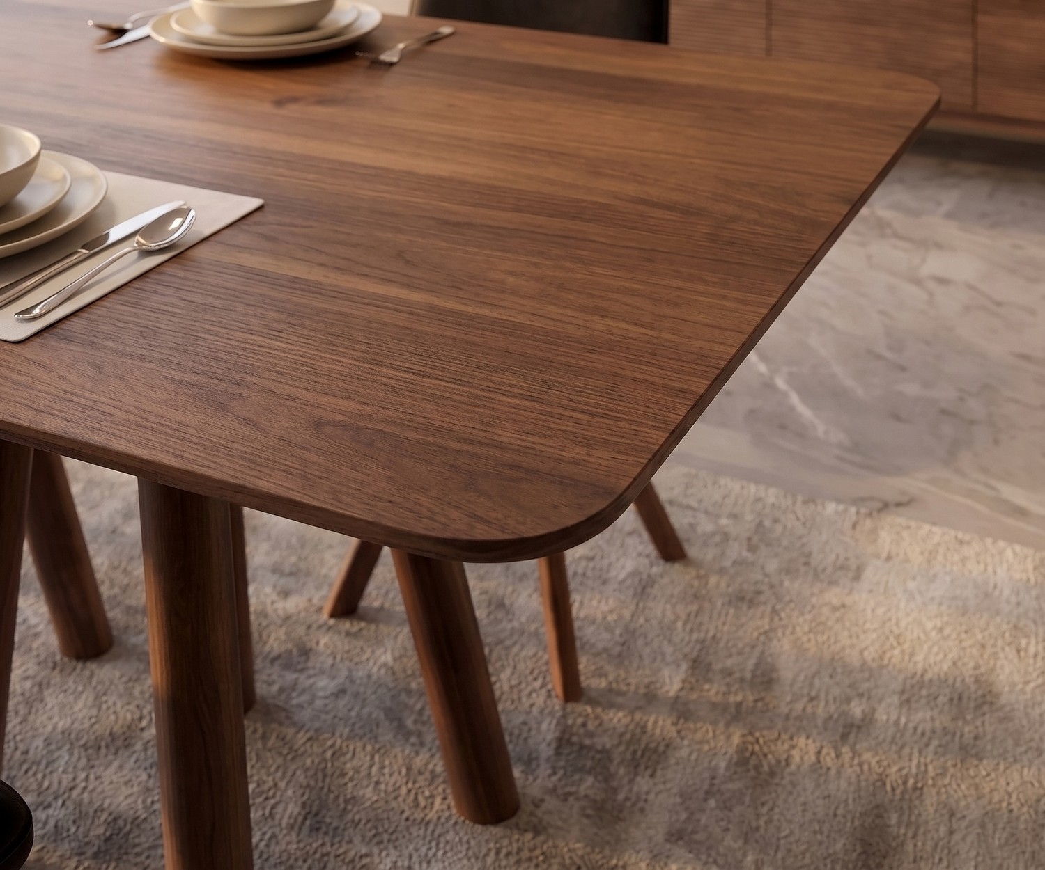 Designer Esstisch mos-i-ko 001 a aus Walnussholz al2 mos-i-ko 001 a Esstisch aus Walnuss-Echtholz im Esszimmer, Tischplatte mit abgerundeten Ecken im modernen Design