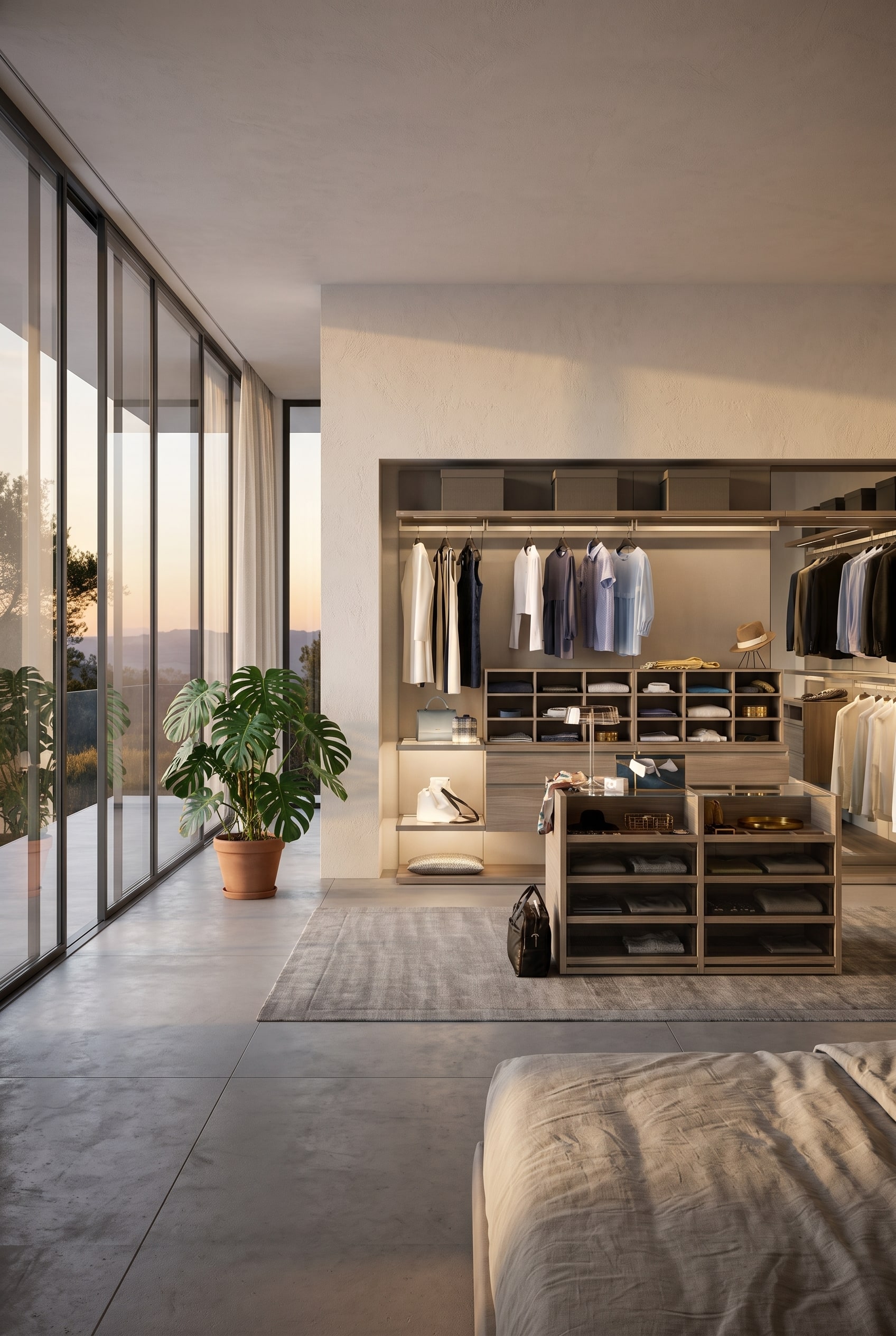 Armoire transparente avec de nobles façades en verre comme séparateur de pièce autoportant dans une chambre moderne