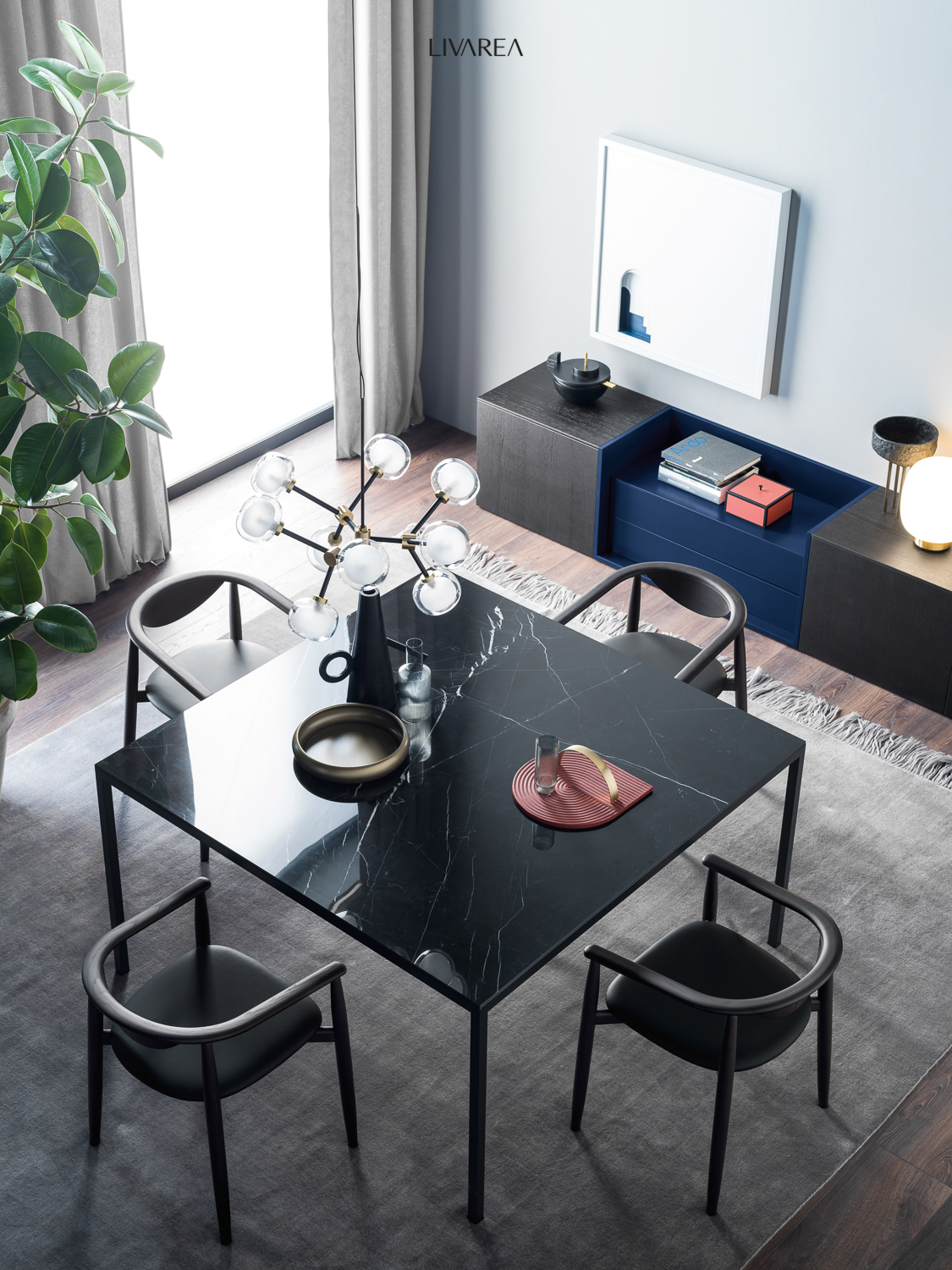 Salle à manger design moderne avec table en marbre et chaises à accoudoirs