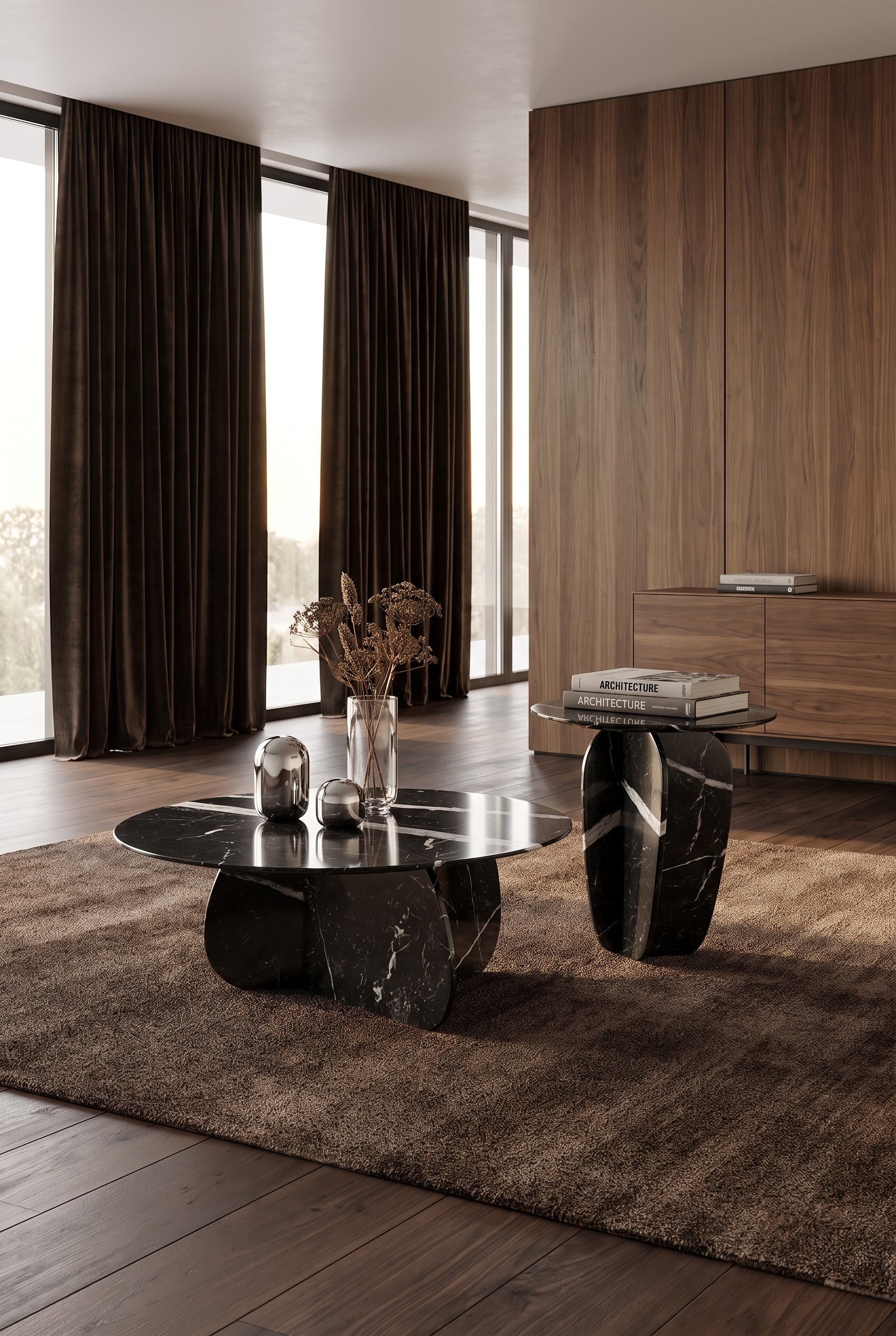 Table basse massive en marbre foncé avec un veinage prononcé au centre d'un salon rétro-luxe minimaliste