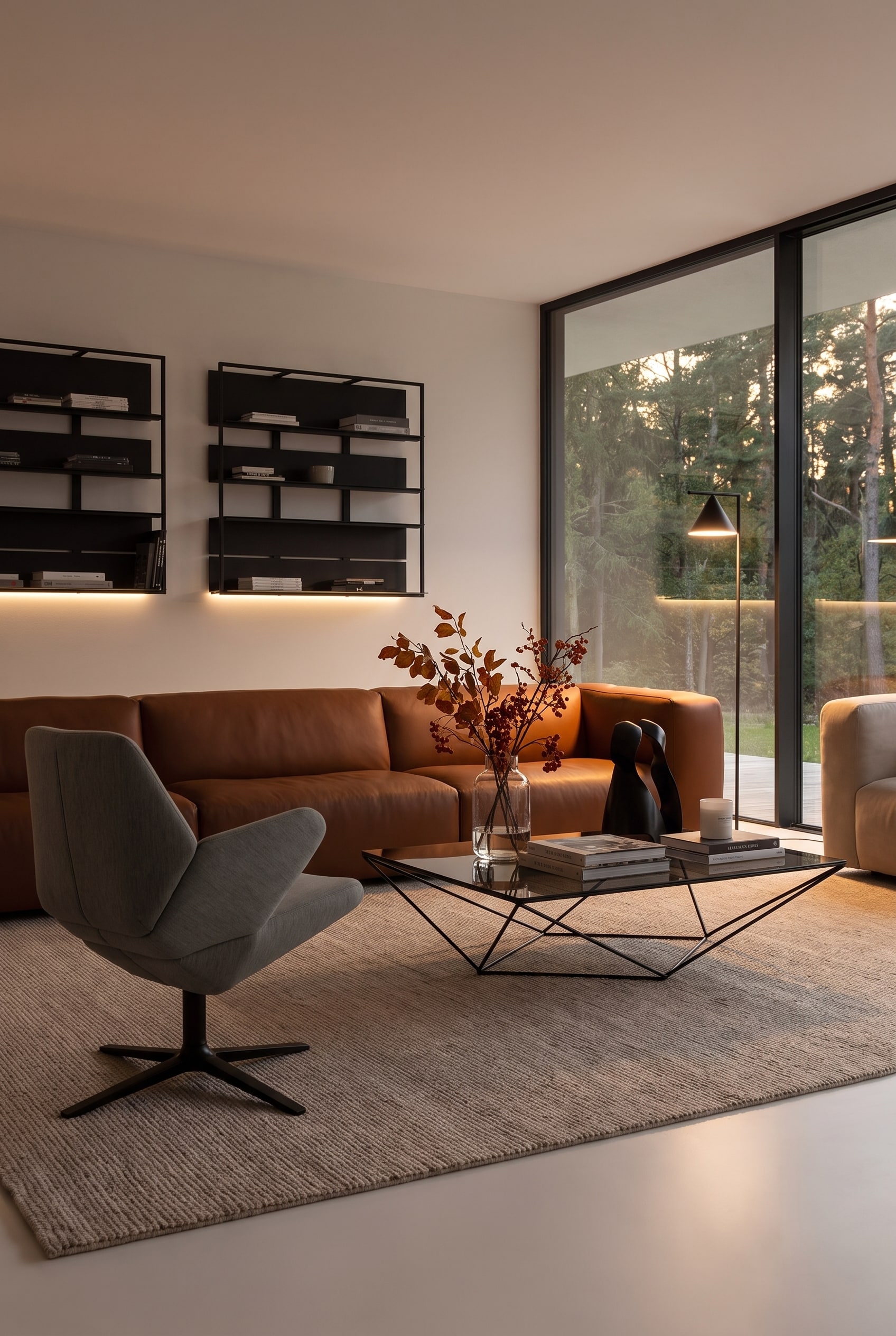 Perspective oblique d'un salon-lounge avec canap&eacute; en cuir, fauteuil gris, tapis beige et grandes fen&ecirc;tres donnant sur le jardin.