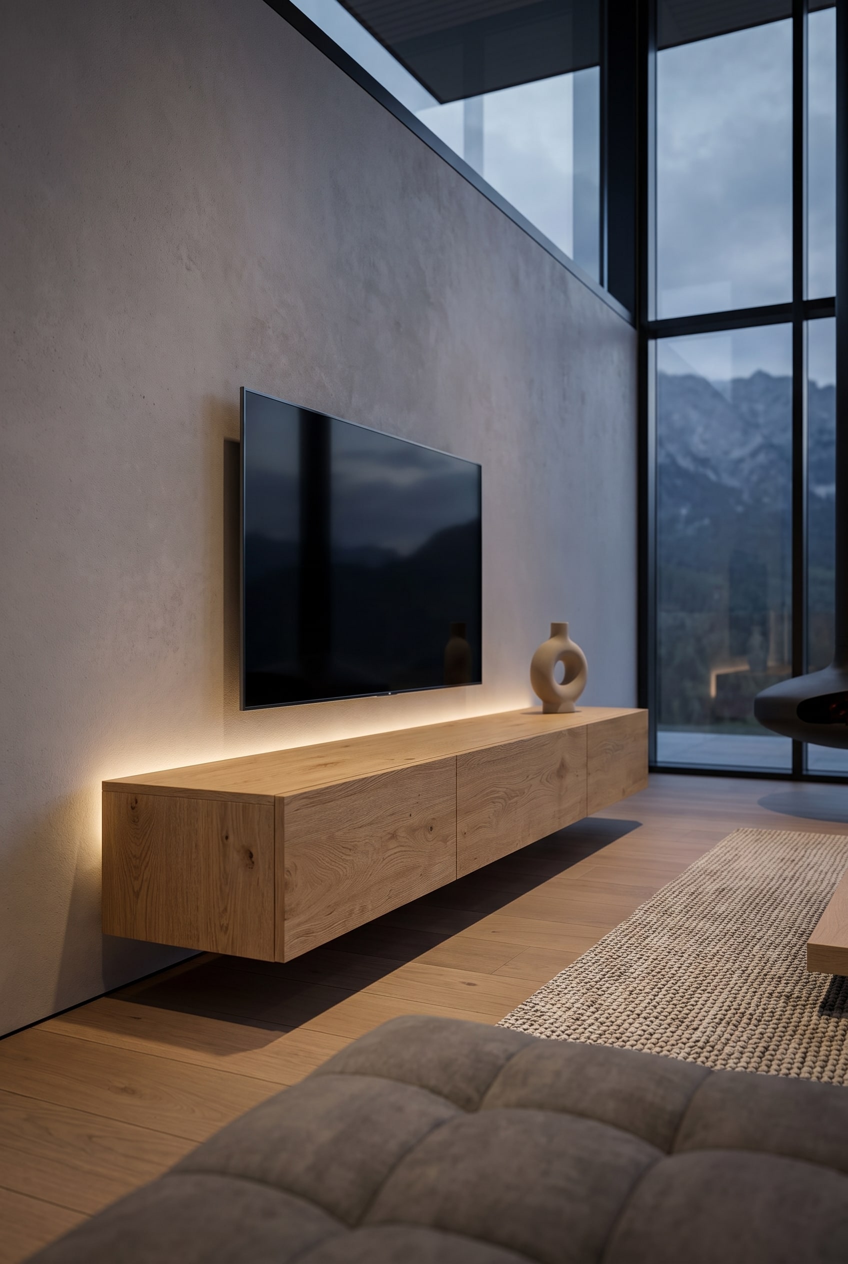 Salon luxueux avec un meuble bas en chêne foncé, une télévision à écran plat et une sculpture en céramique mate