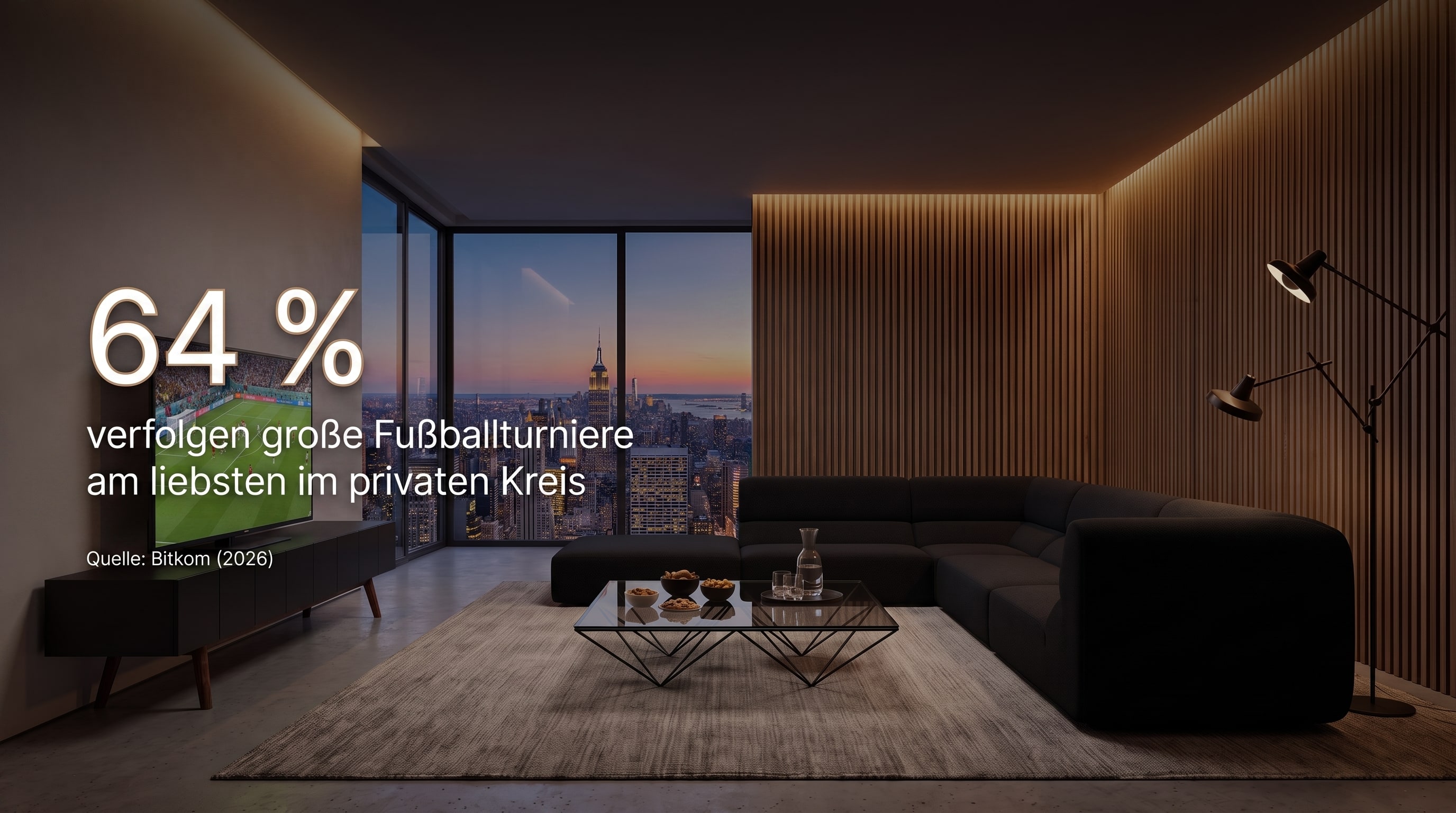 64 % &ndash; 64 Prozent verfolgen gro&szlig;e Fu&szlig;ballturniere am liebsten im privaten Kreis.