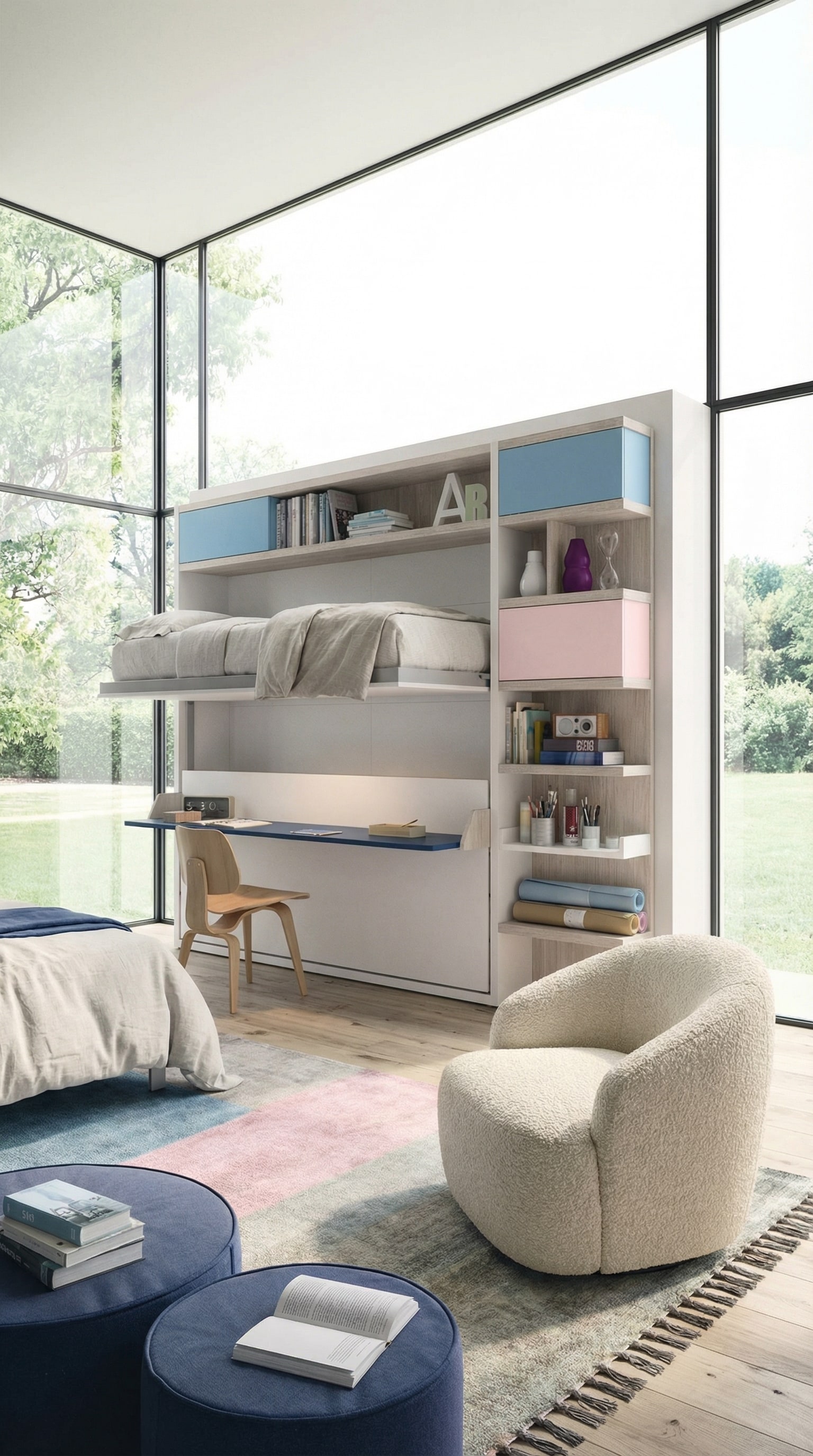 Chambre d'amis de haute qualit&eacute; pour les familles avec un &eacute;l&eacute;gant lit escamotable superpos&eacute; Clei Kali Duo en position ferm&eacute;e.