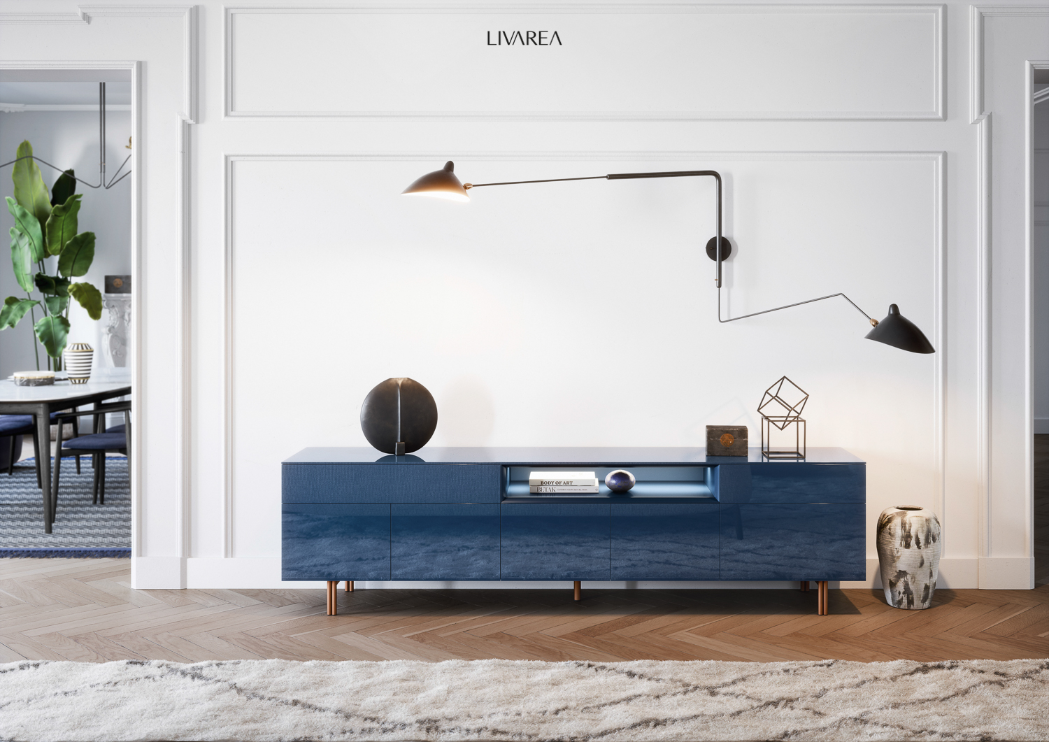 Lackiertes Sideboard mit Schubladen und Türen auf Füßen stehend Lackiertes Sideboard mit Schubladen und Türen auf Füßen stehend