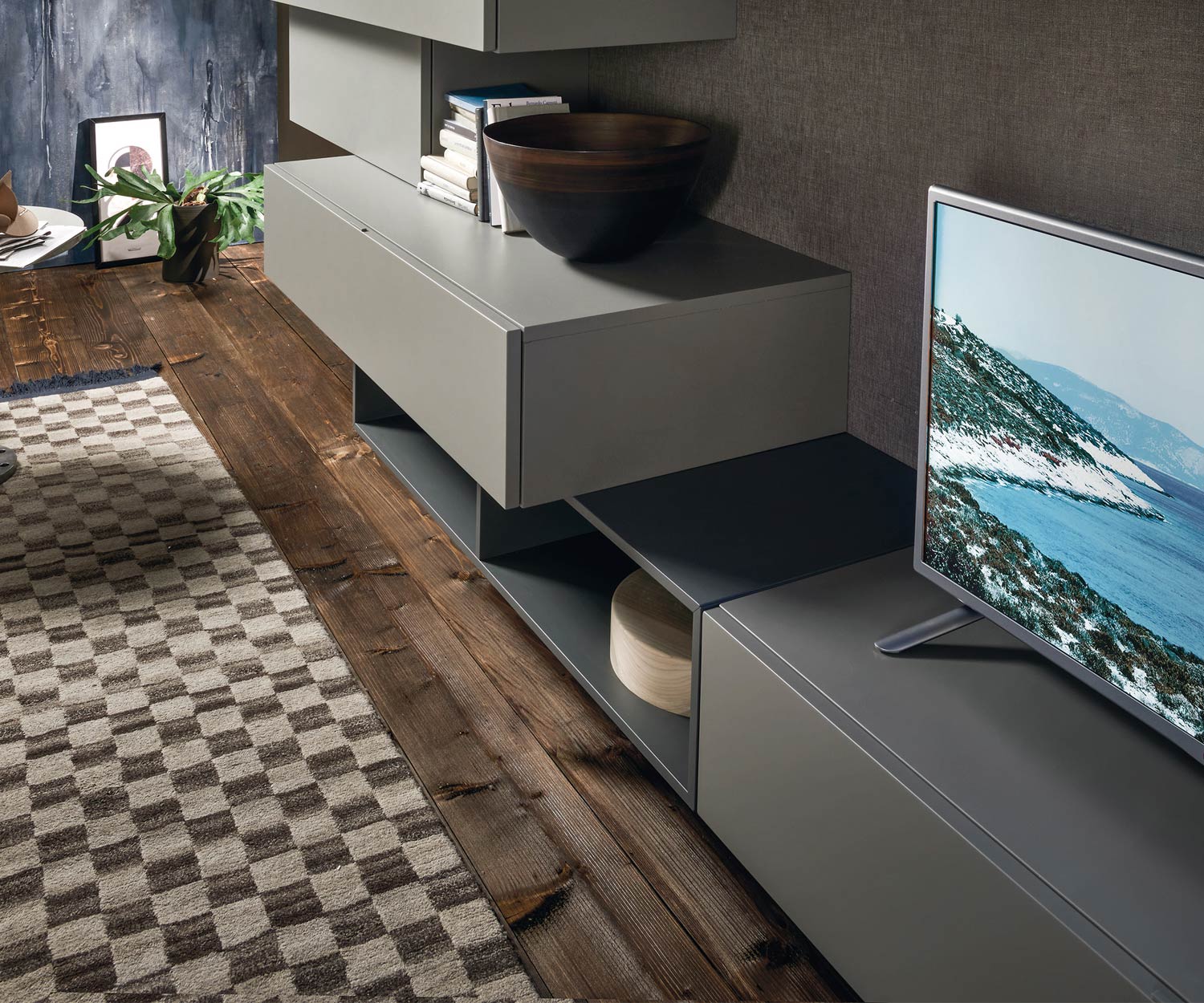 Moderne schwebende Design Wohnwand C02 mit TV Design Lowboard