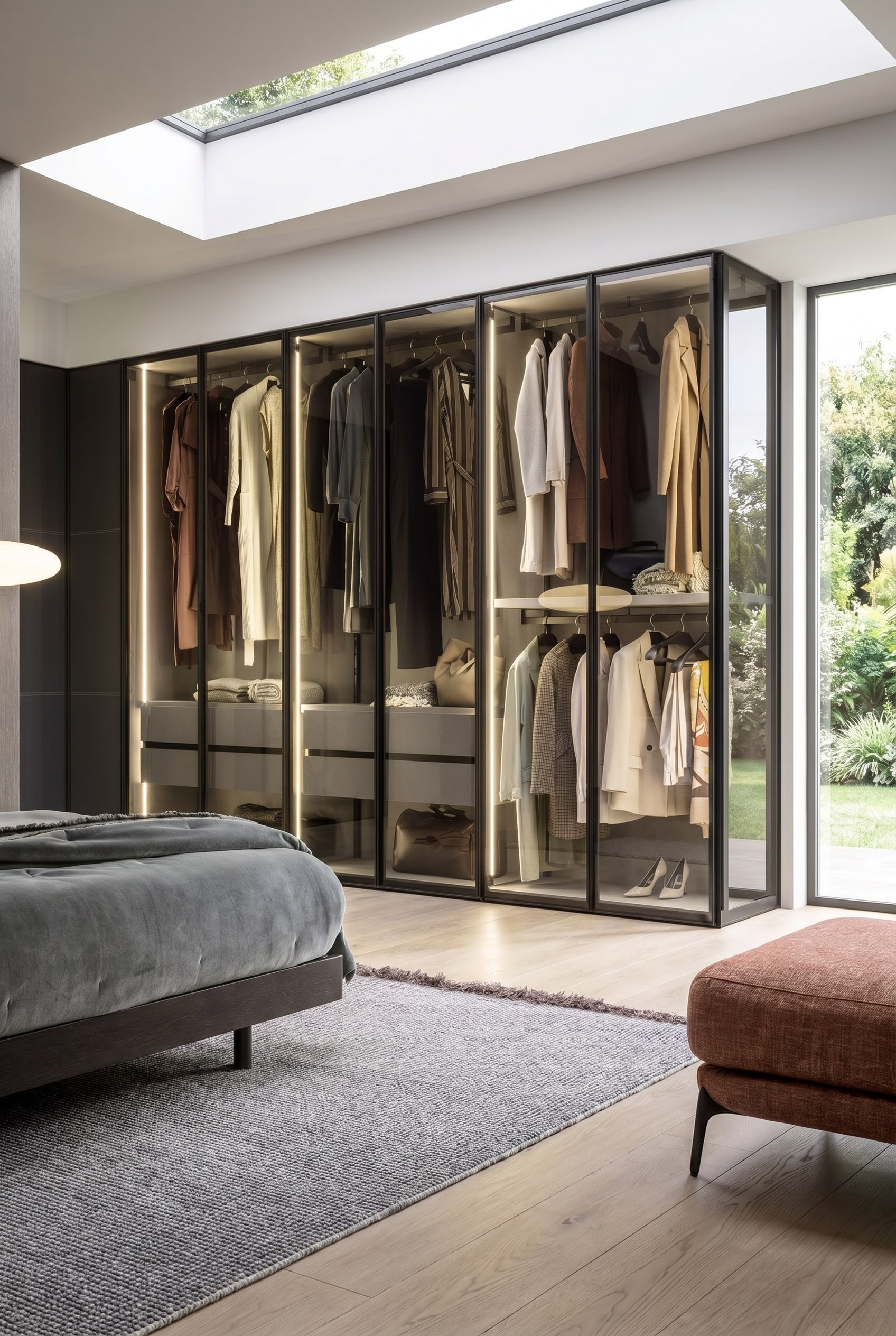 Élégante armoire avec portes en verre fumé, profils métalliques noirs et éclairage intérieur chaud de 3000 Kelvin dans une chambre moderne