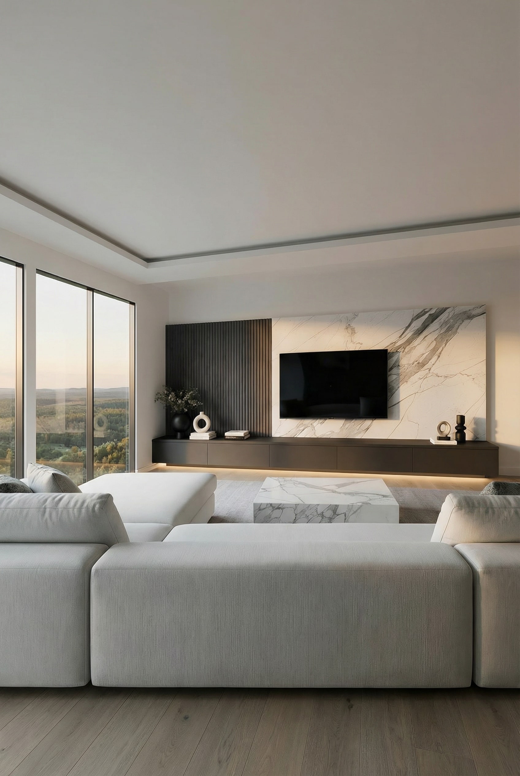 Mur de salon minimaliste sur mesure avec lignes symétriques Mur de salon minimaliste sur mesure avec lignes symétriques