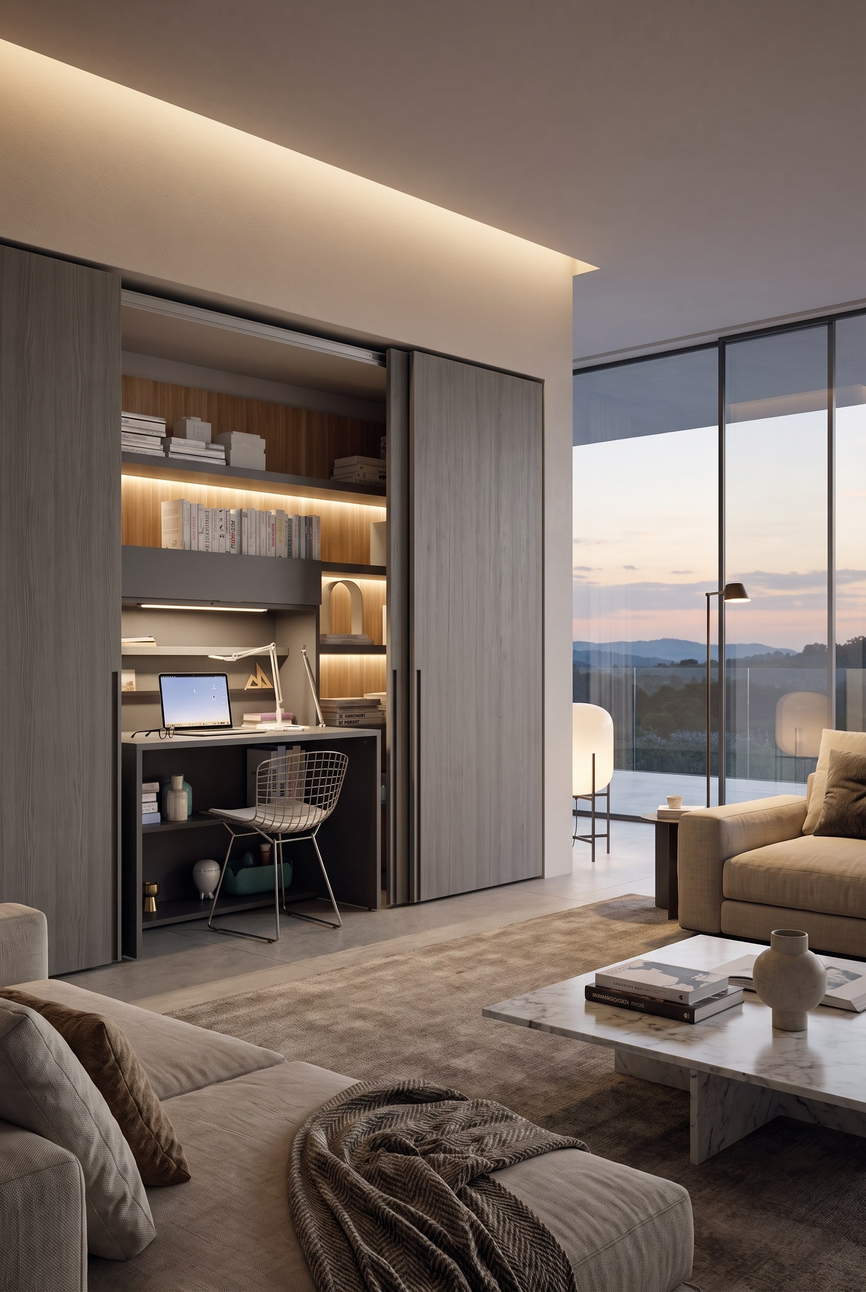 Espace de vie moderne avec une armoire pleine hauteur ouverte abritant un bureau à domicile, à côté de l'élégante étagère murale Novamobili Ellie.