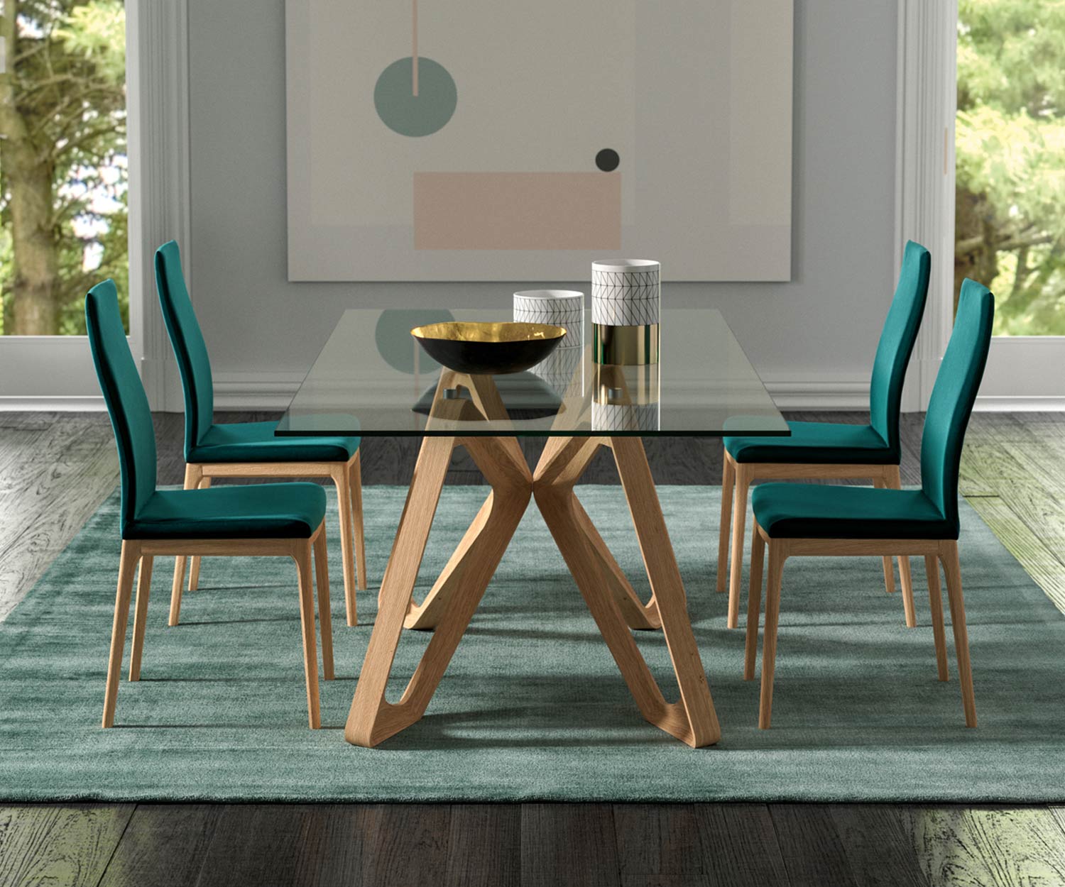 Exclusif Ozzio Papillon Design table en verre T253 Pieds en bois massif en chêne clair naturel