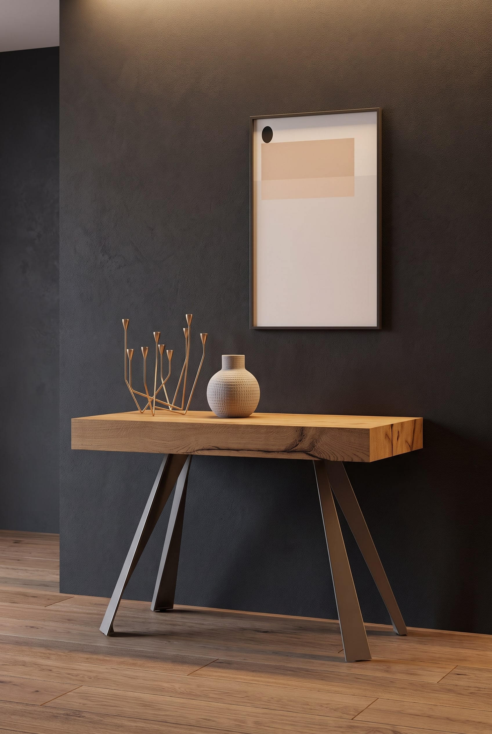 Console en bois avec pieds m&eacute;talliques obliques dans un espace moderne, au-dessus de laquelle est suspendue une &oelig;uvre d'art parfaitement proportionn&eacute;e avec 20 cm d'&eacute;cart